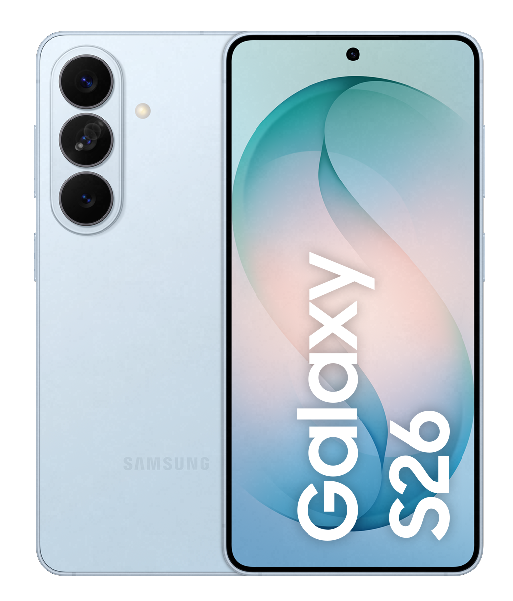 Jasnoniebieski smartfon Samsung Galaxy S26 z trzema aparatami.