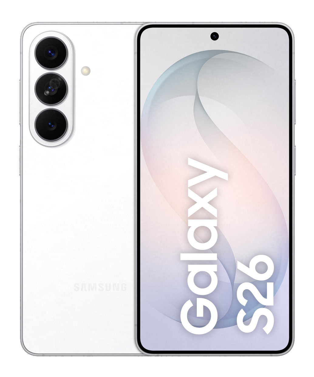 Biały smartfon Samsung Galaxy S26 z trzema tylnymi aparatami.