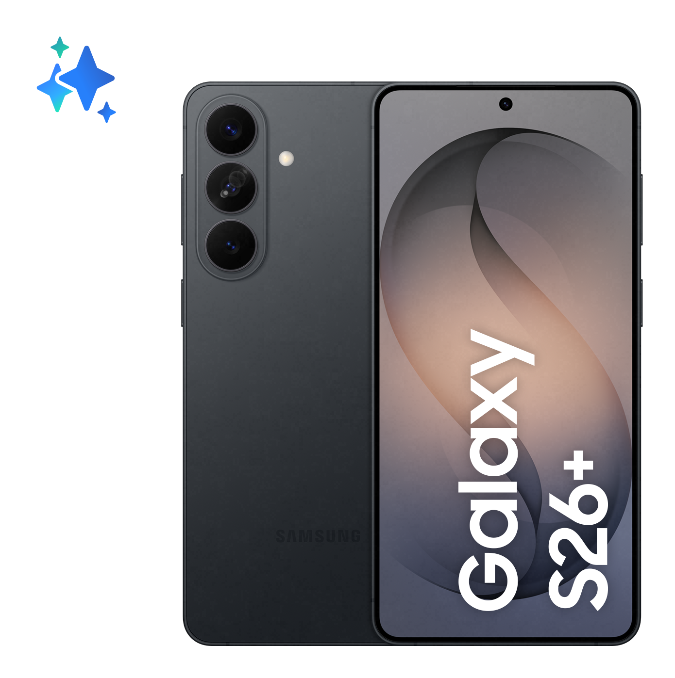 Ciemnoszary Samsung Galaxy S26+ z trzema aparatami z tyłu.