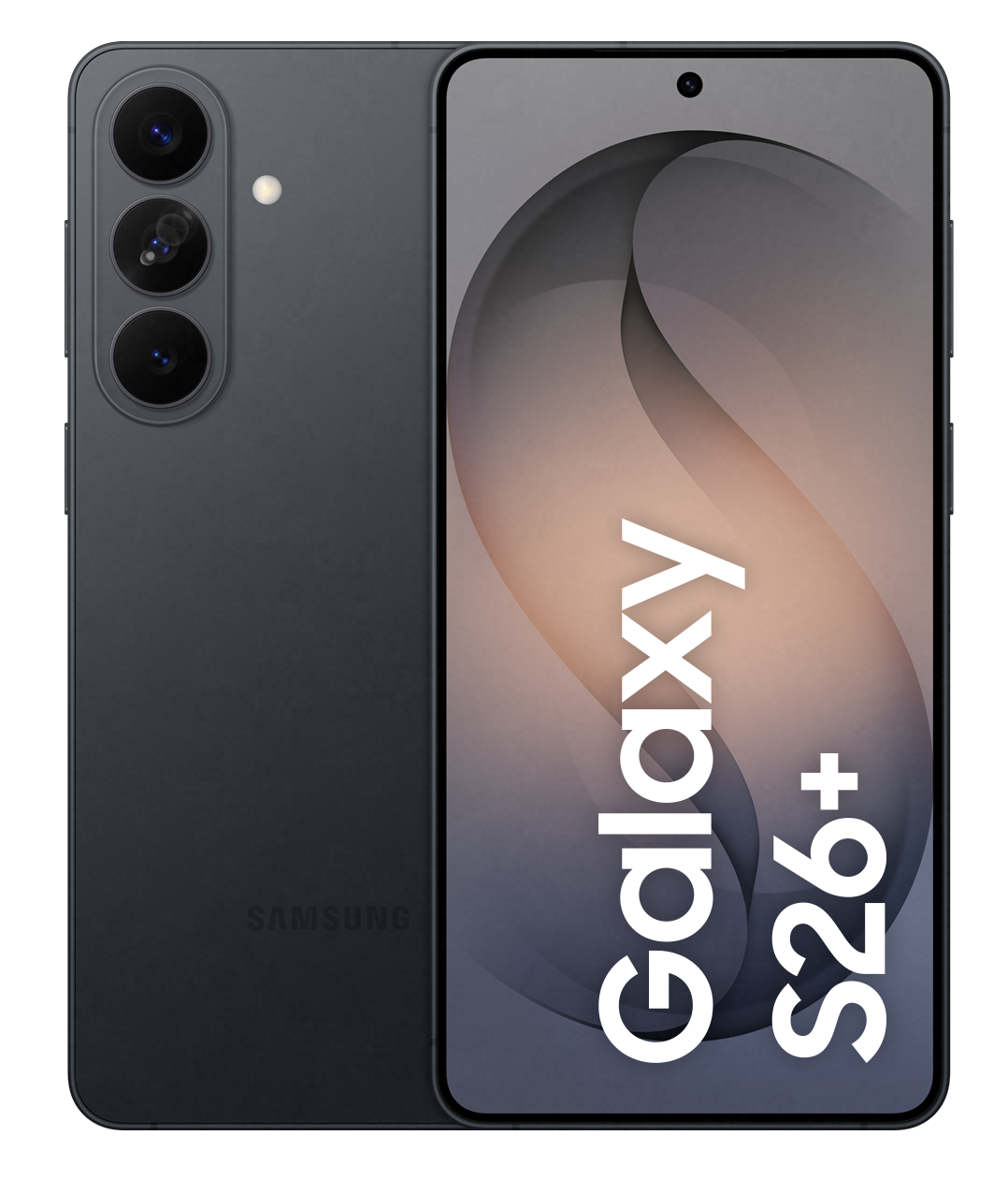 Ciemny smartfon Samsung Galaxy S26+ z trzema aparatami z tyłu.