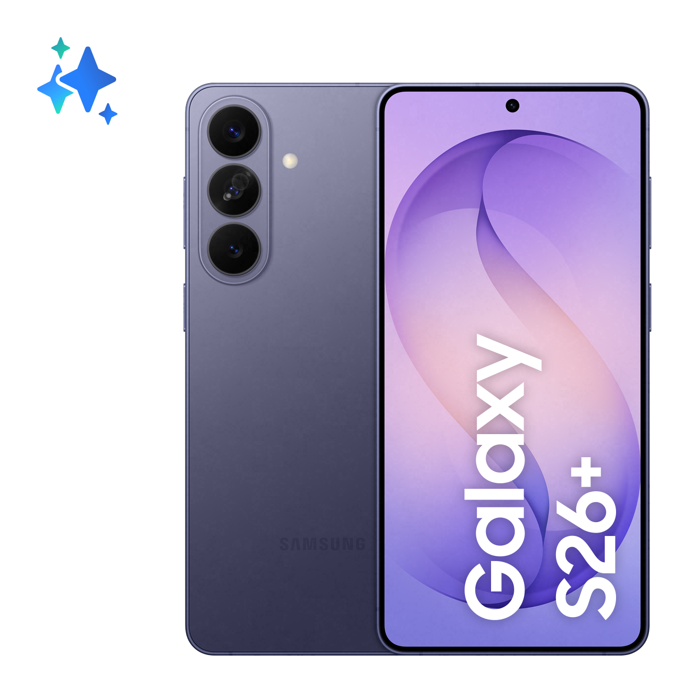 Fioletowy Samsung Galaxy S26+ z trzema aparatami. Grafika gwiazdy w lewym górnym rogu.