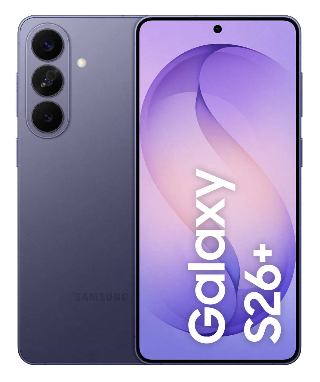 Fioletowy smartfon Samsung Galaxy S26+ z trzema aparatami z tyłu.