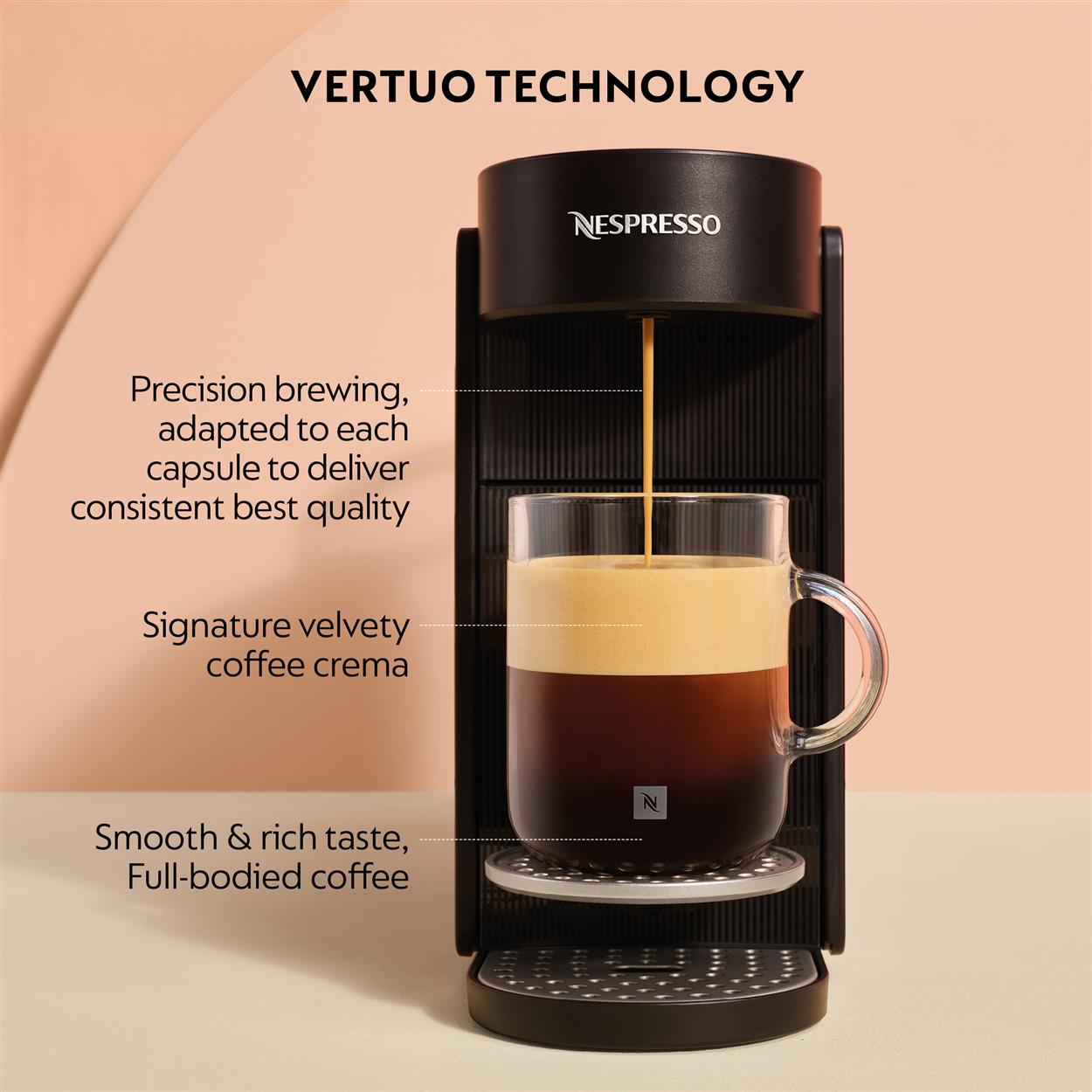 Nespresso Vertuo Kaffeemaschine brüht Kaffee mit Crema und Text.