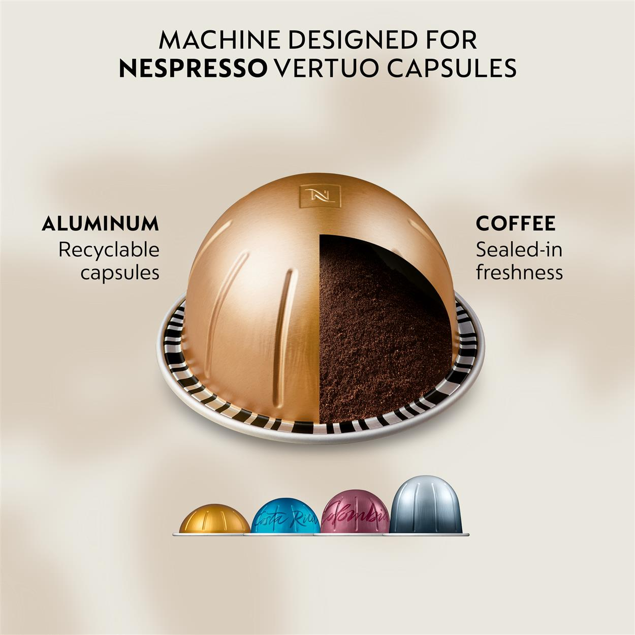 Nespresso Vertuo Kapsel: Aluminium und Kaffeefüllung. Mehrere Kapseln liegen vorne.