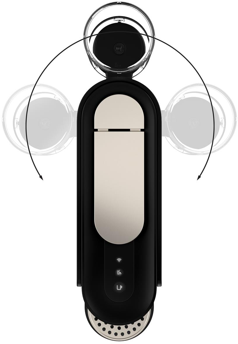 Schwarze Kaffeemaschine mit silbernem Hebel und transparentem Wasserbehälter.