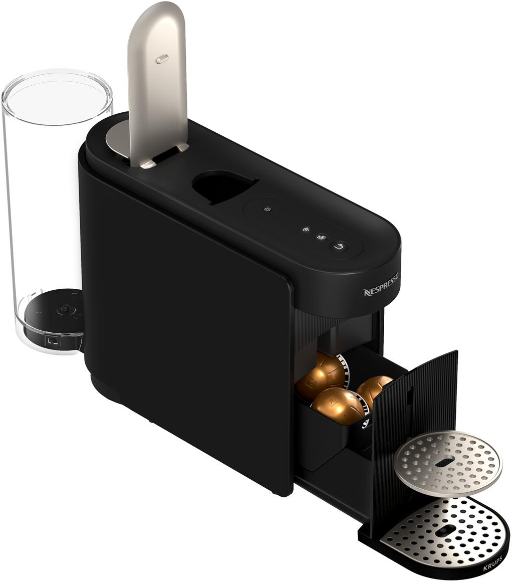 Schwarze Nespresso-Kaffeemaschine mit Wasserbehälter, Kapselbehälter und Tropfschale.