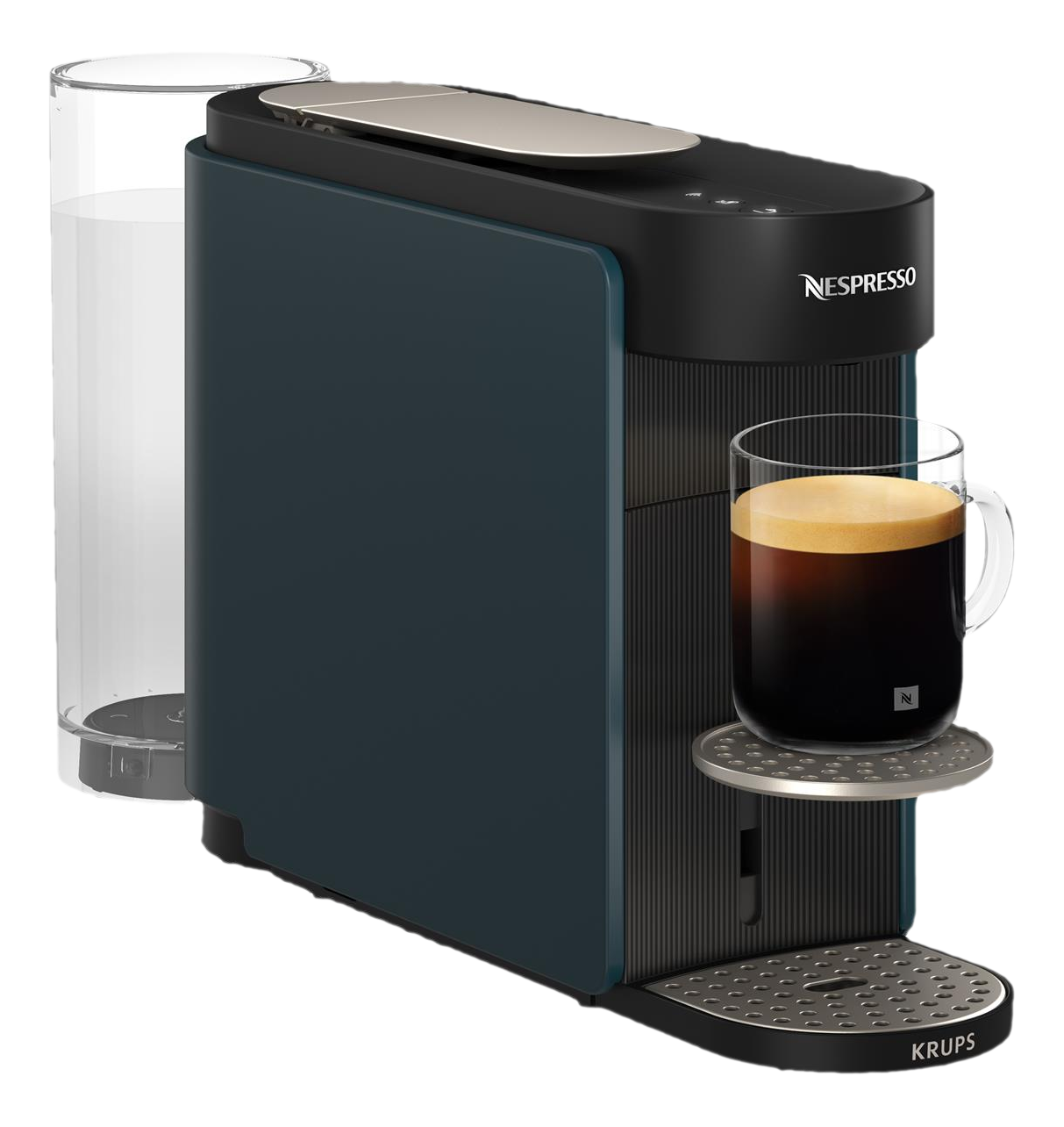 Une machine à café Nespresso bleu foncé avec une tasse de café et un réservoir d'eau.