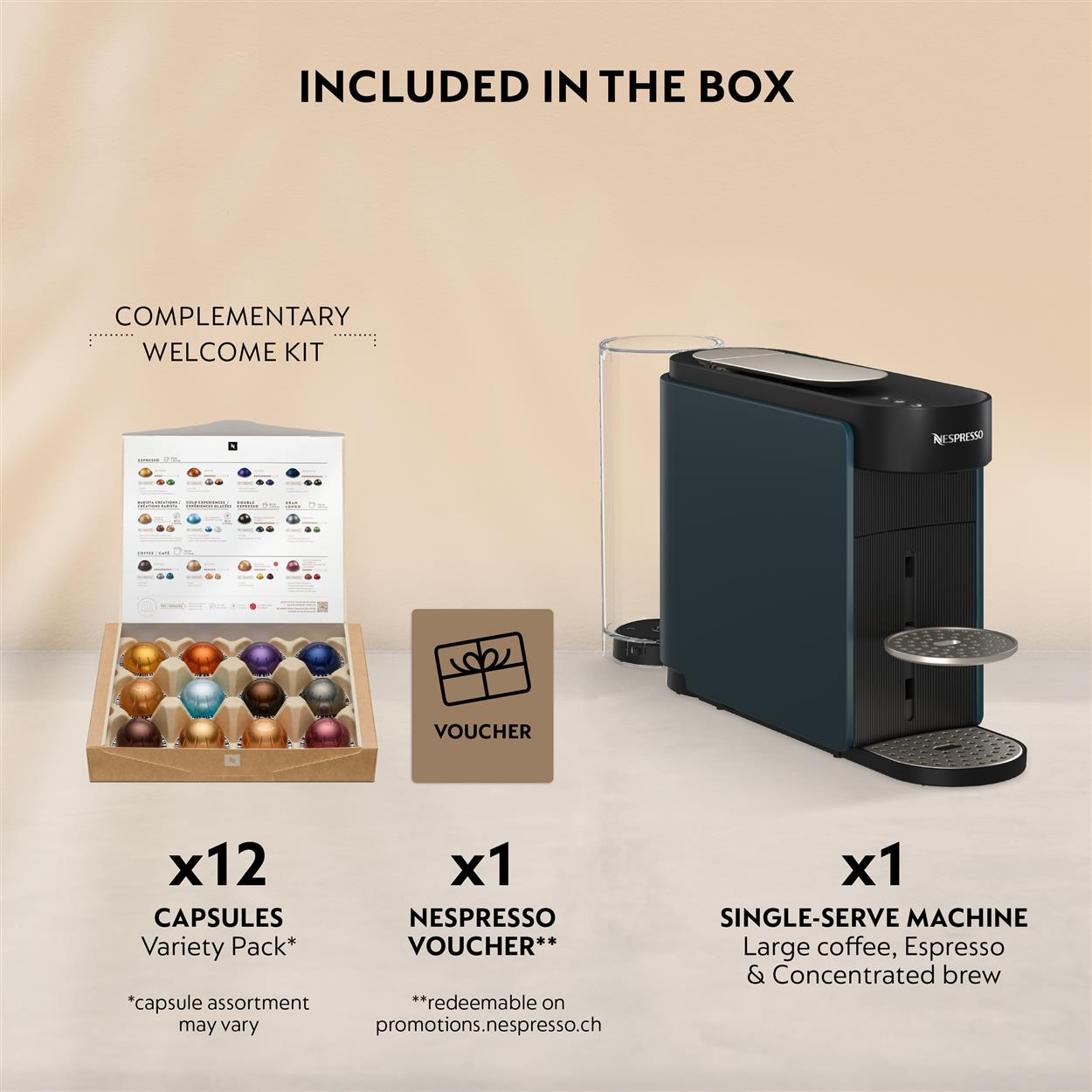 Machine Nespresso, capsules, kit de bienvenue et bon inclus dans la boîte.