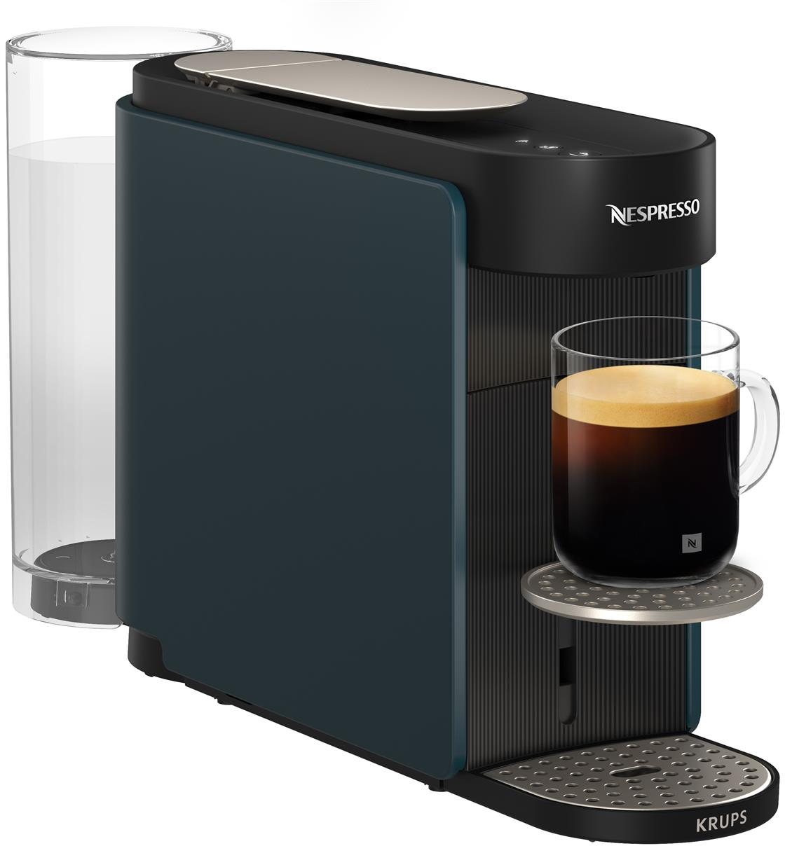 Machine à café Nespresso bleu foncé avec réservoir d'eau et un verre de café.