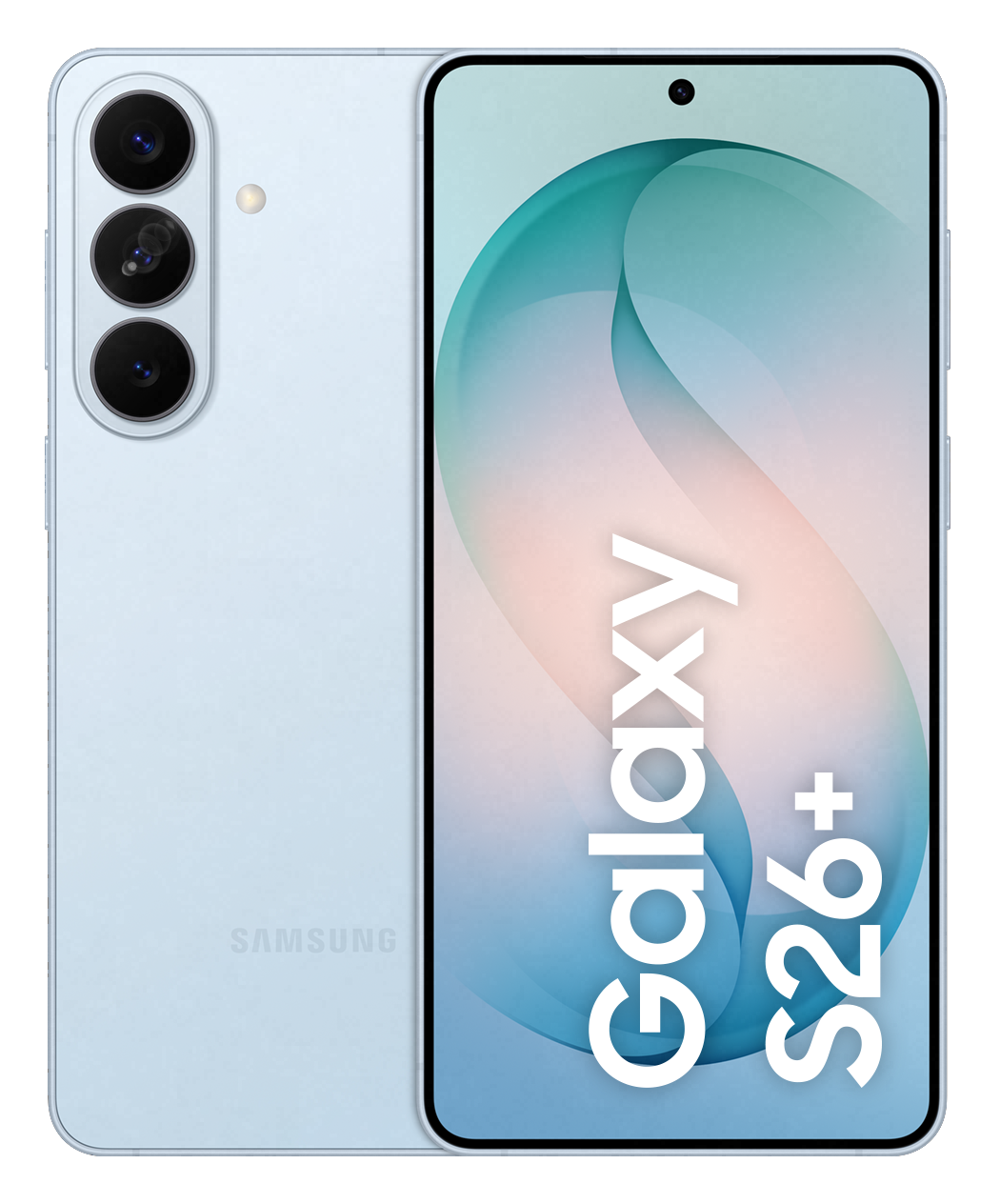 Jasnoniebieski smartfon Samsung Galaxy S26+ z trzema aparatami z tyłu.
