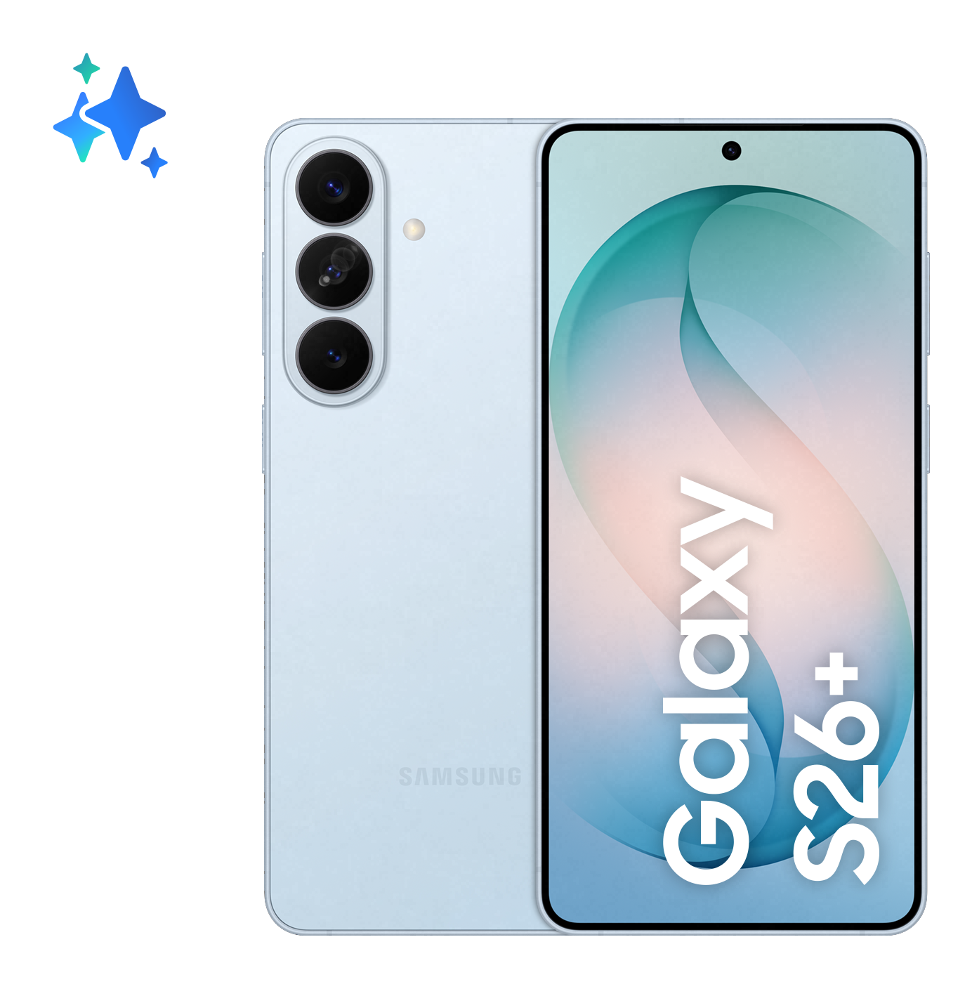 Jasnoniebieski telefon Samsung Galaxy S26+ z trzema aparatami z tyłu.