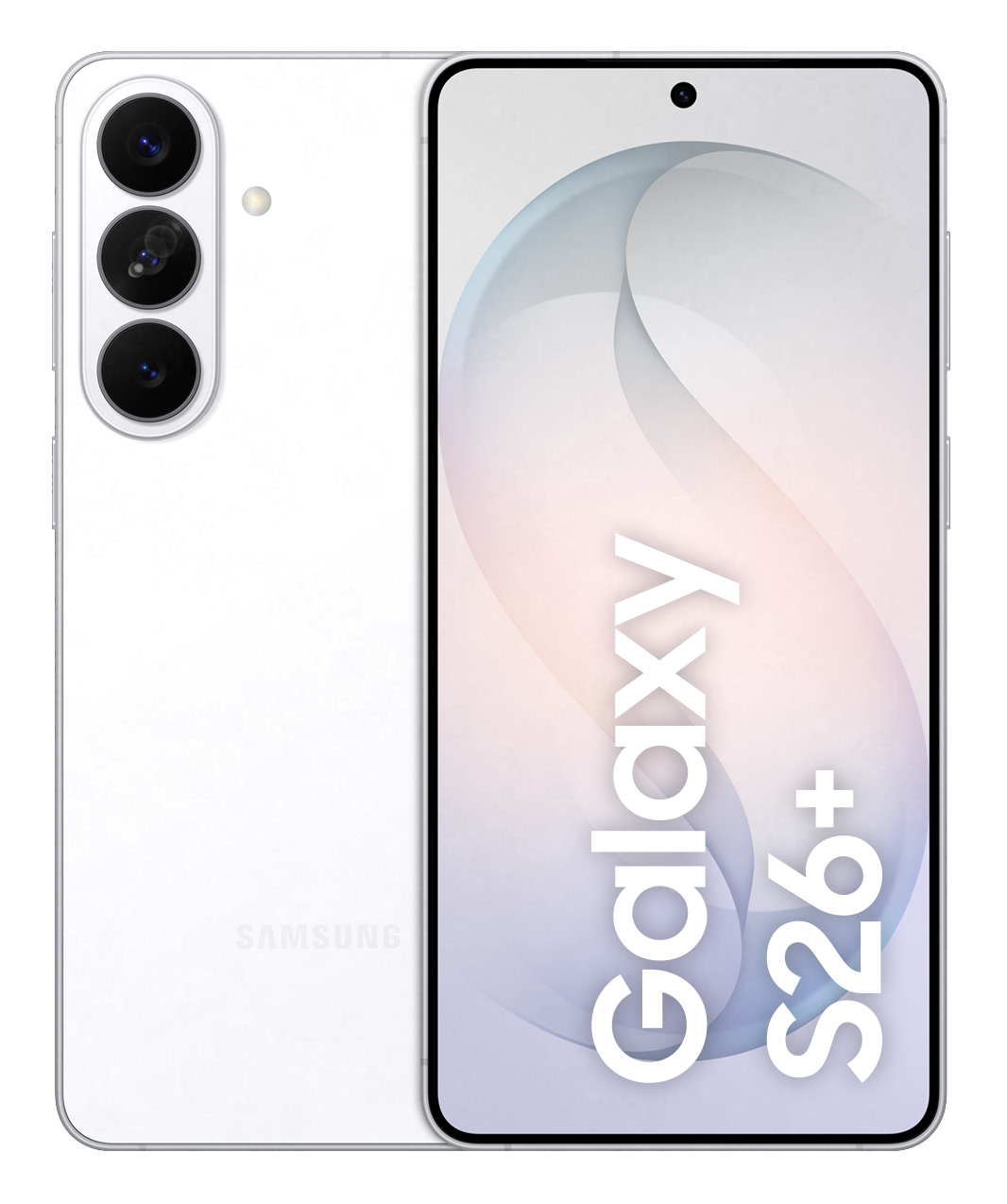 Biały smartfon Samsung Galaxy S26+ z trzema aparatami z tyłu.