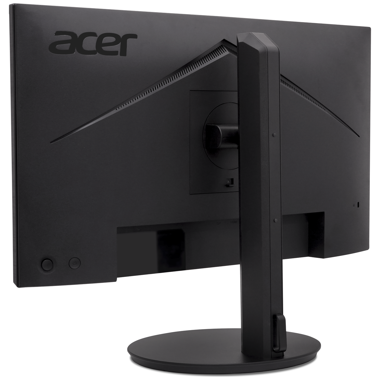 Back view of a black Acer monitor with a silver stand and buttons.