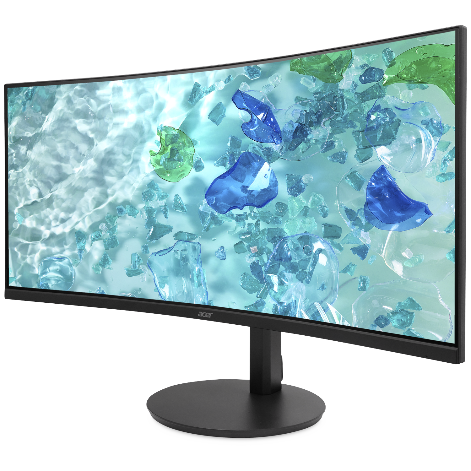 A curved monitor displaying an abstract background of blue and green shapes.