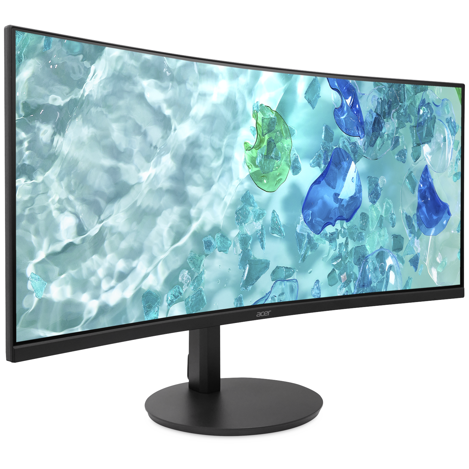 A curved monitor displays an abstract water surface with blue and green crystals.