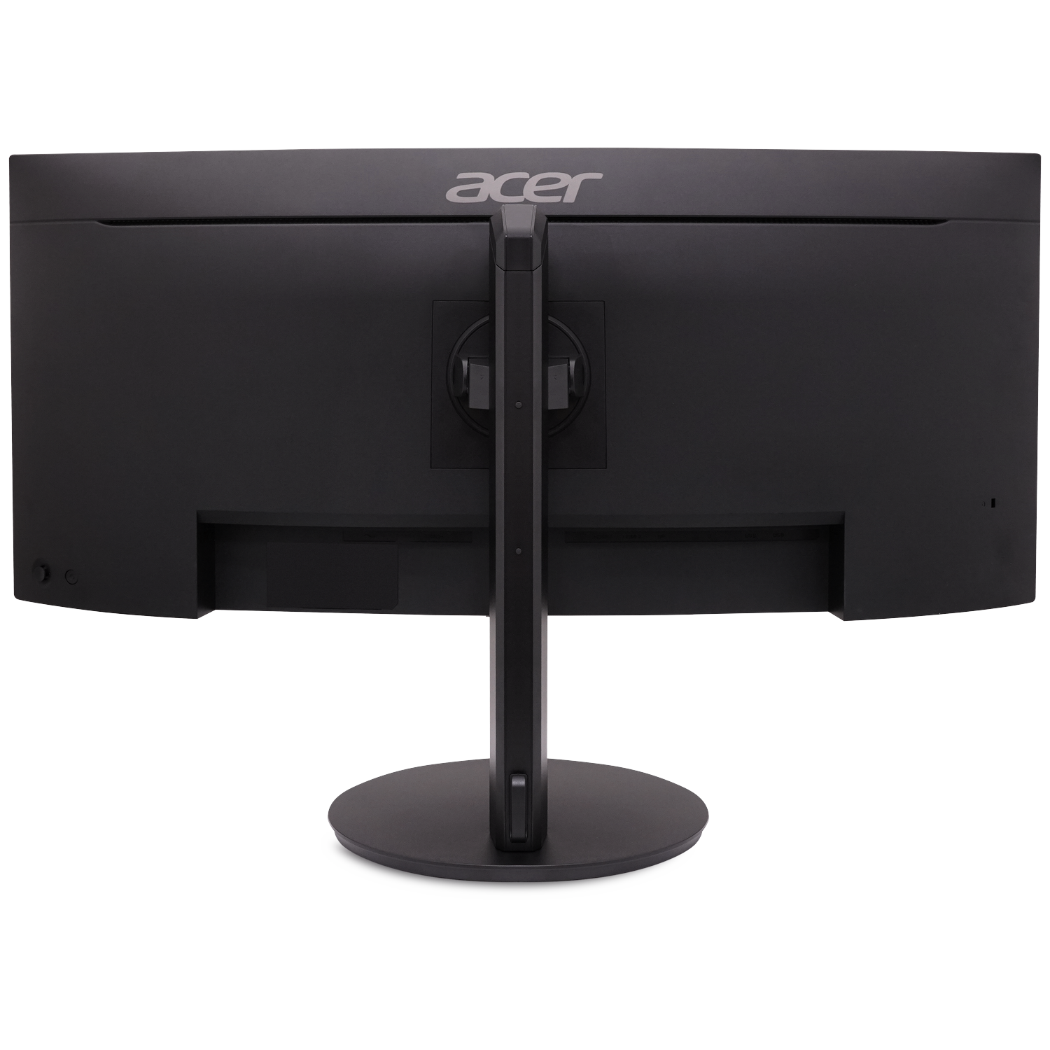Back view of a black Acer monitor with a round stand.