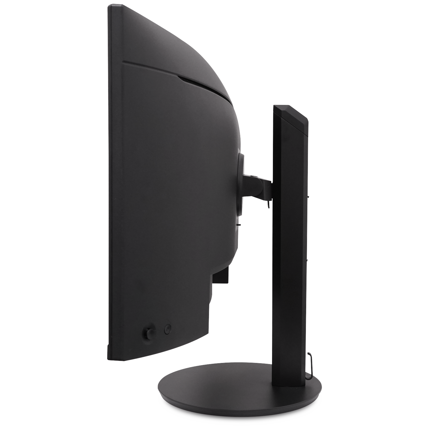 Black computer monitor from the side, showing stand and background.