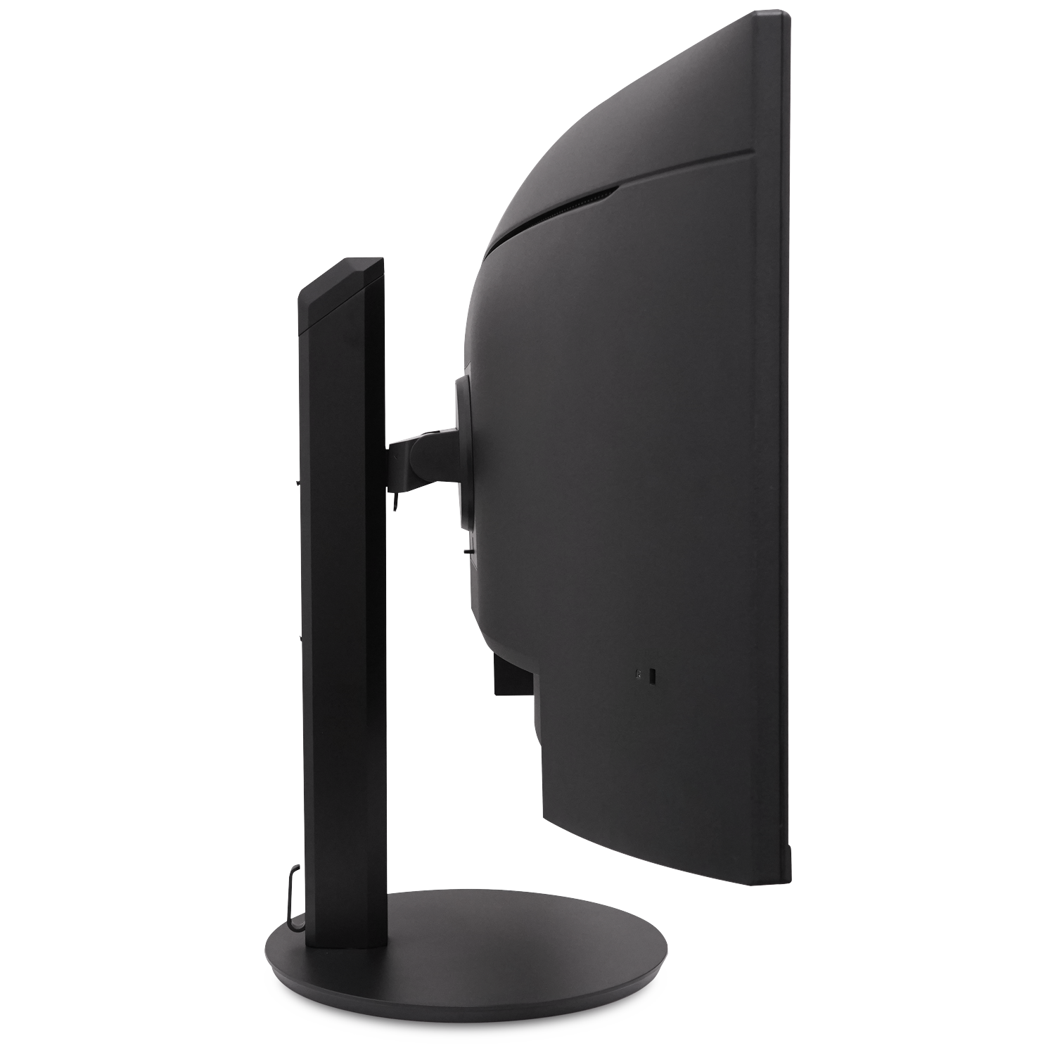 Black computer monitor shown from the side on a round stand.