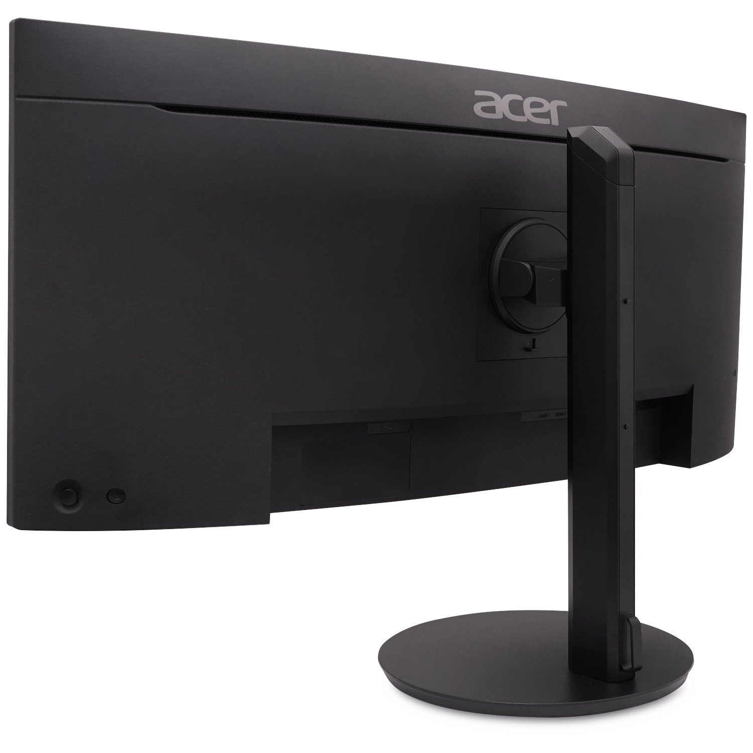 Rear view of a black Acer monitor on a stand against a black background.