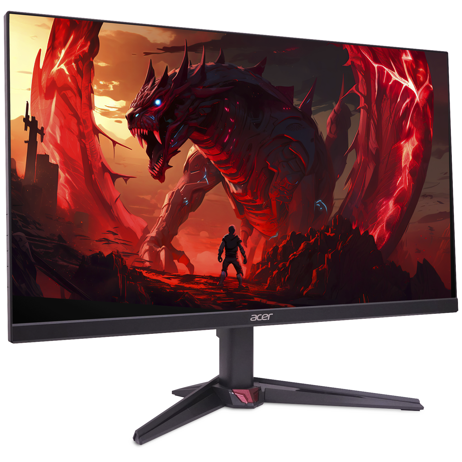 A menacing red dragon with glowing blue eyes faces a lone figure in a desolate, fiery landscape.