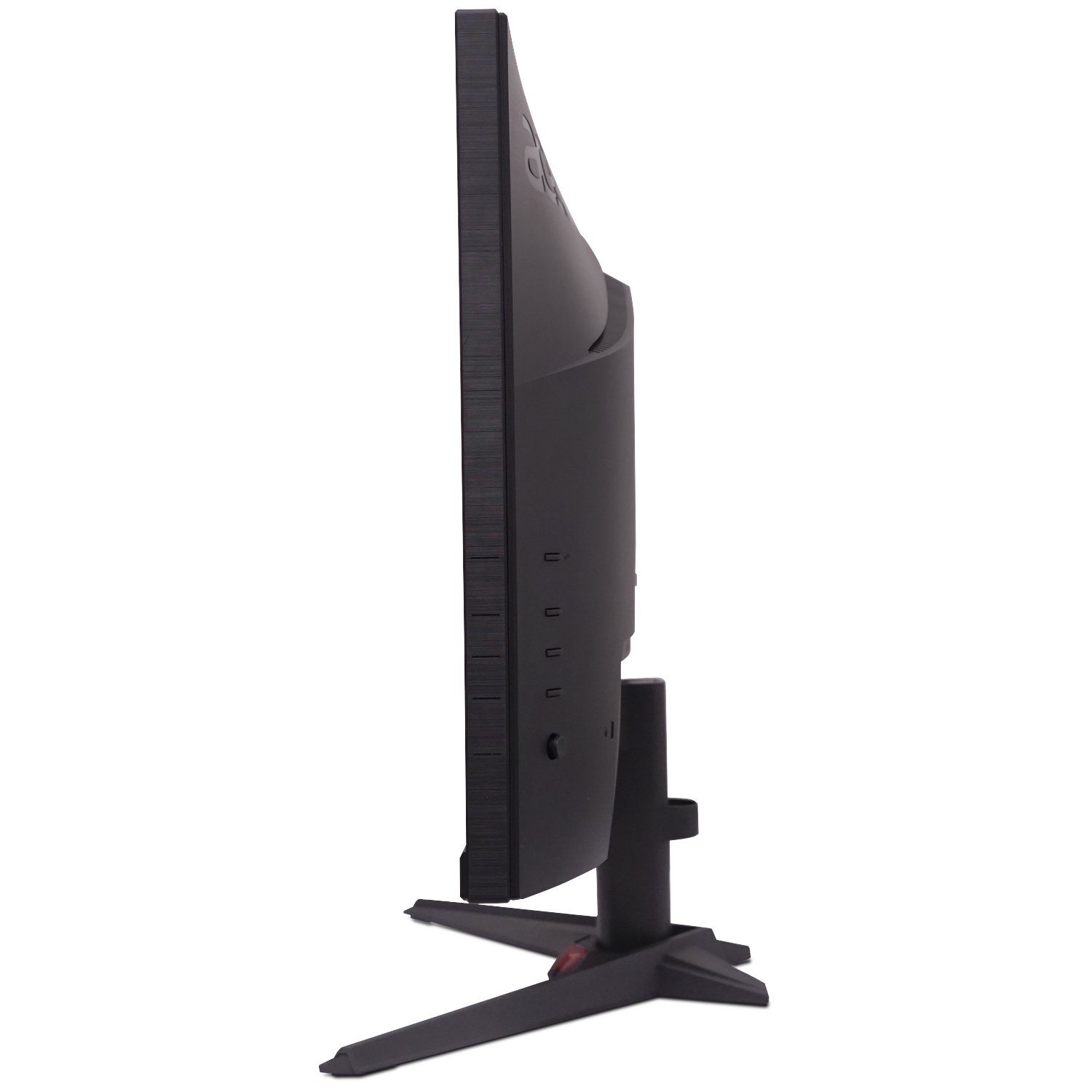 A black computer monitor with its stand, viewed from the side.