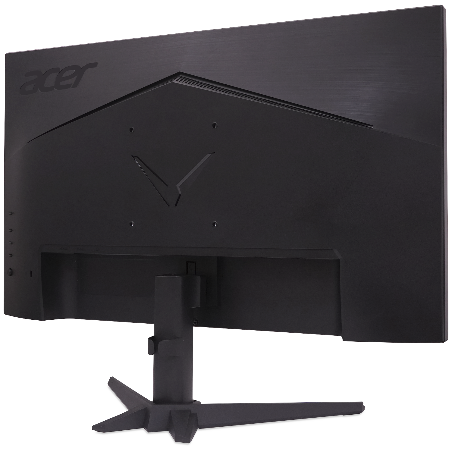 Back of a black Acer monitor with a V-shaped design element and stand.