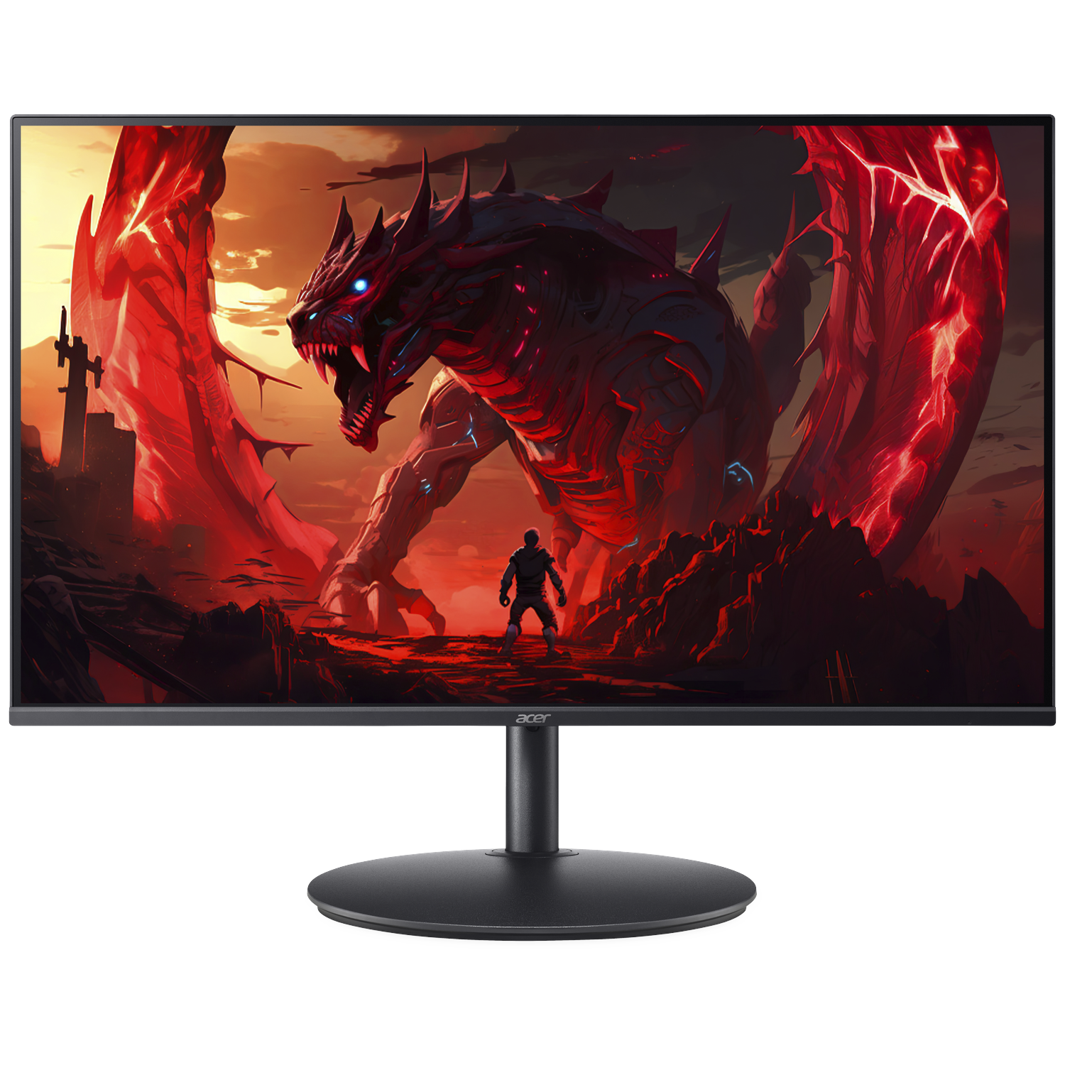 A man faces a giant red dragon lurking on rocky terrain.