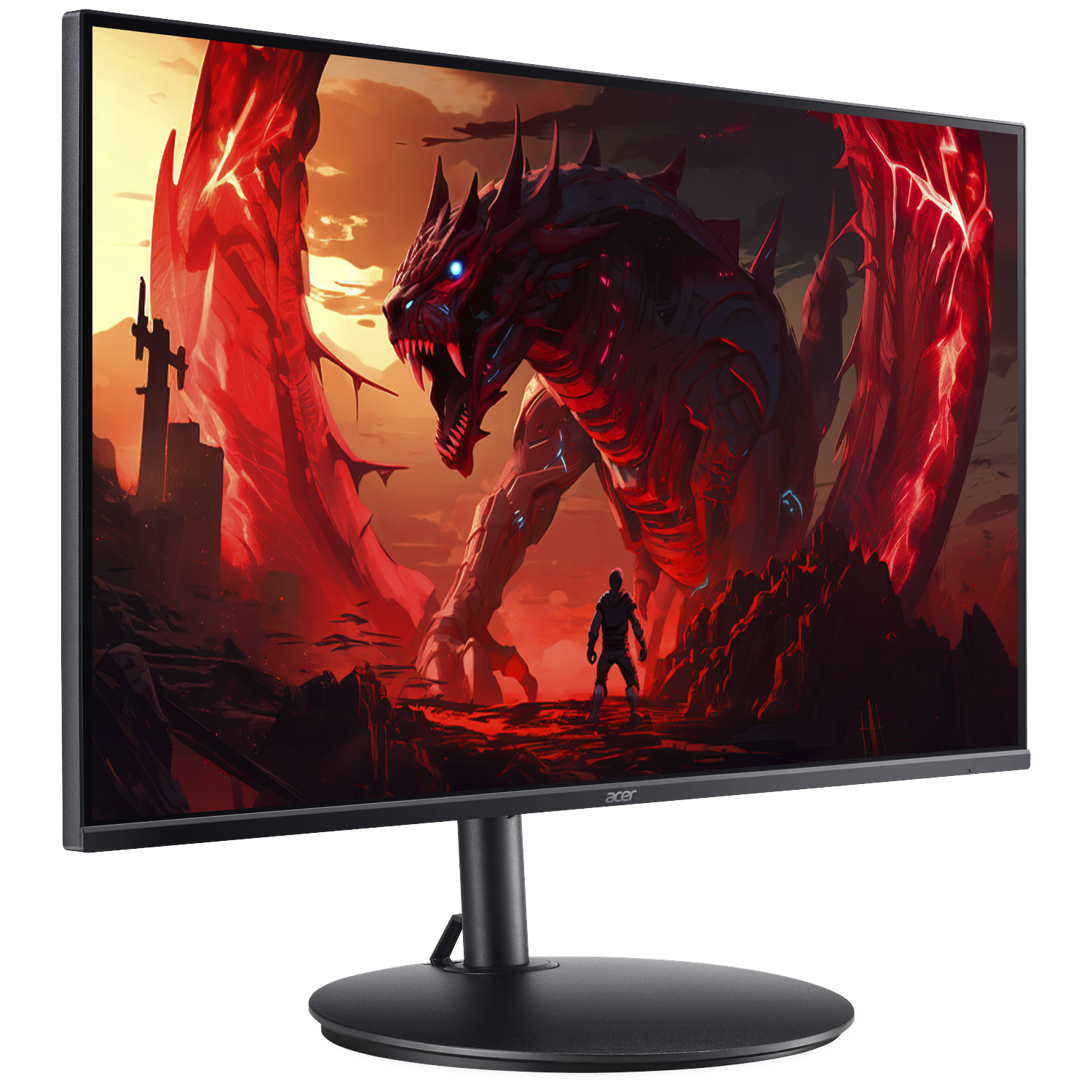 A man stands before a giant red dragon in a fiery landscape.
