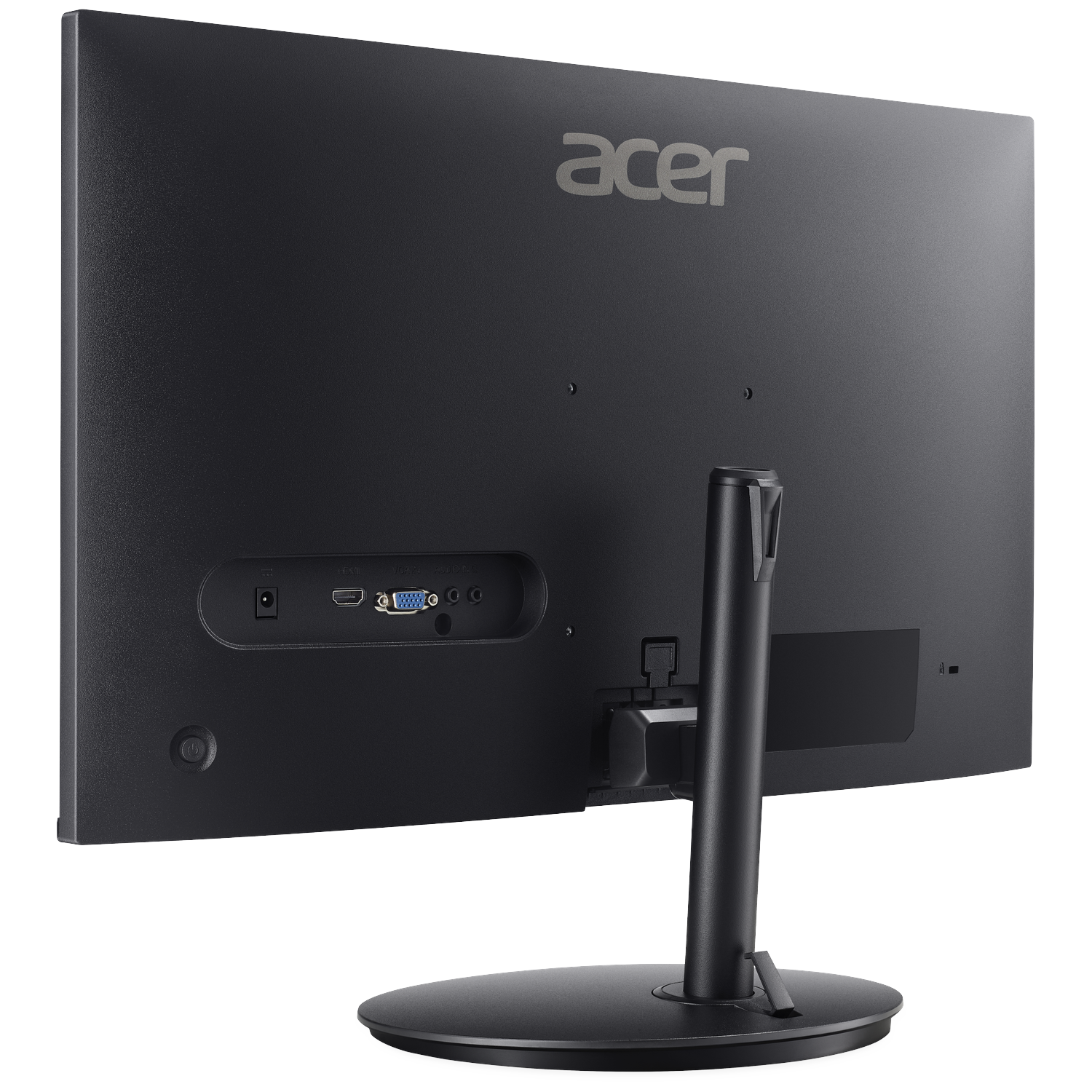 Back view of a black Acer monitor with ports and a stand, on a black background.