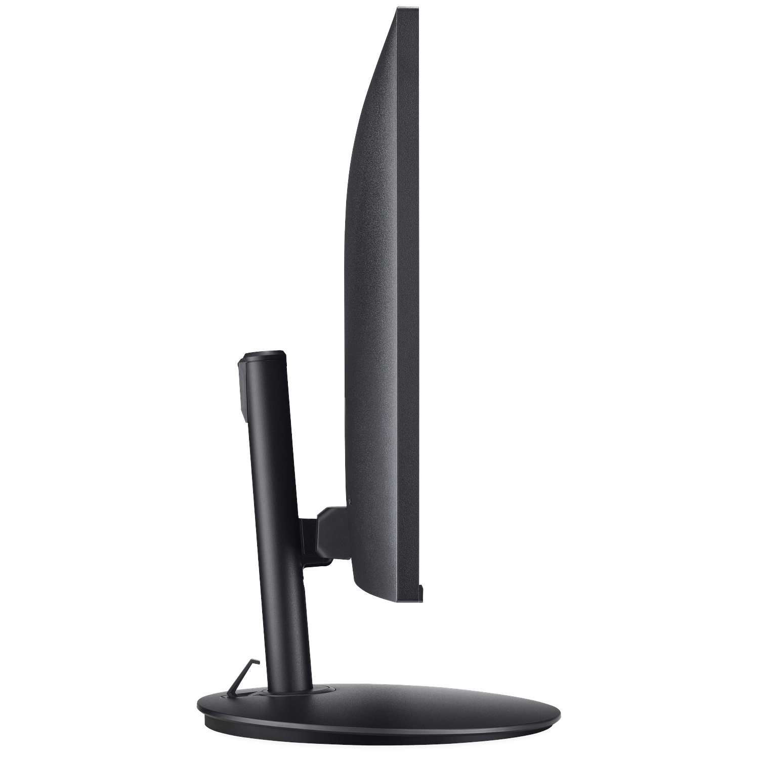 Side view of a black computer monitor with a round base and stand.