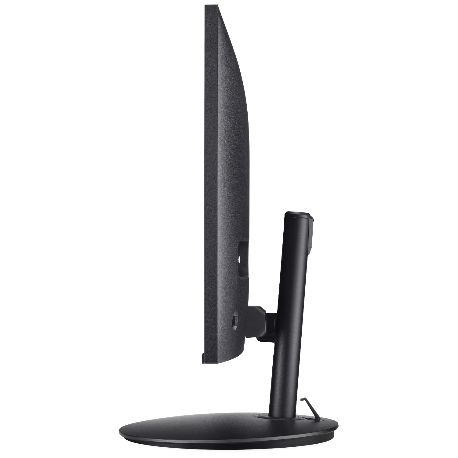Black computer monitor with stand, viewed from the side.