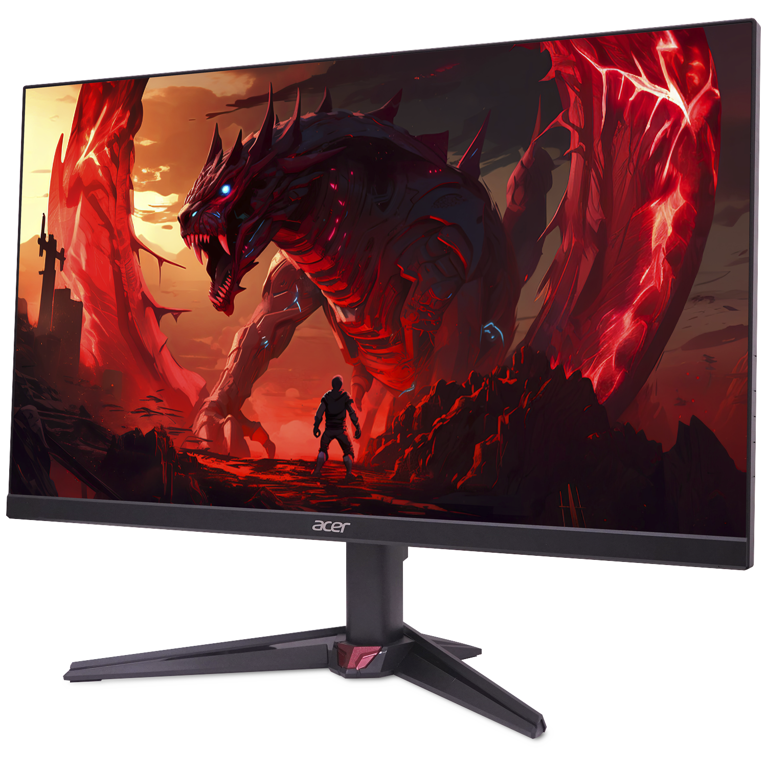 A man stands before a giant red dragon in a dark landscape.