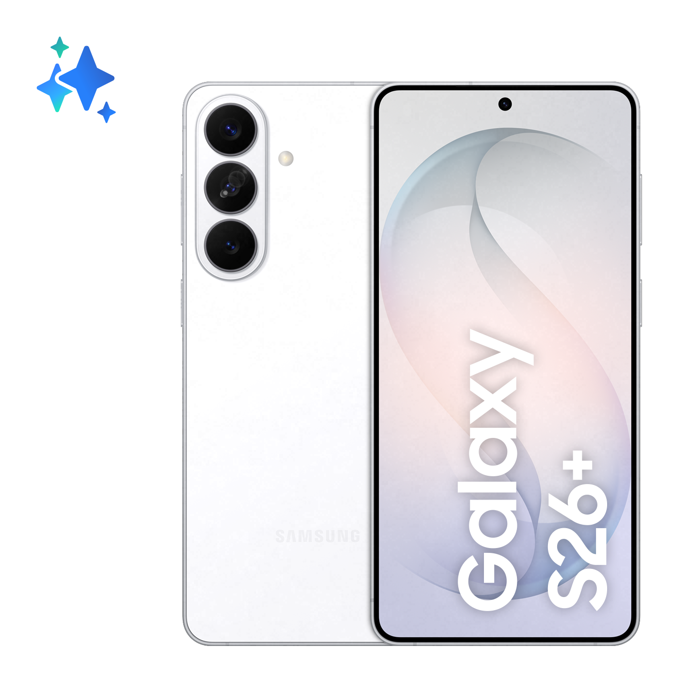 Biały smartfon Samsung Galaxy S26+ z trzema aparatami z tyłu.