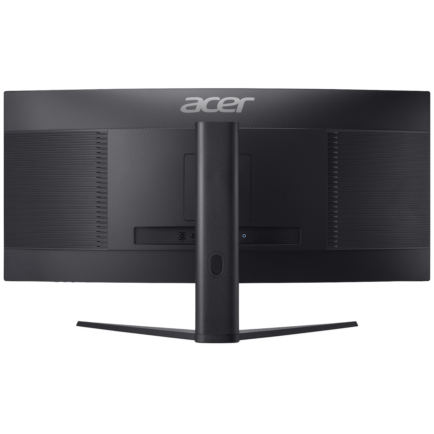 The back of a black Acer monitor with a stand and ports.