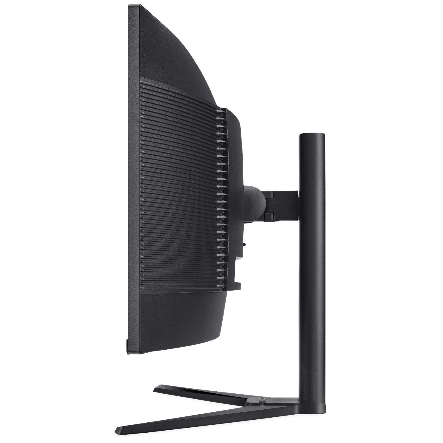 Side view of a black computer monitor with stand on a white background.