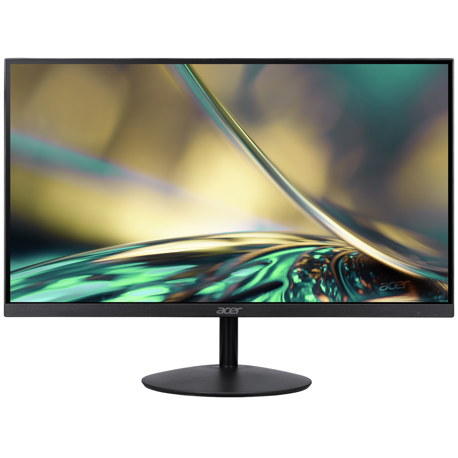 A black Acer monitor displays a vibrant, abstract wallpaper with swirling yellow and green colors.