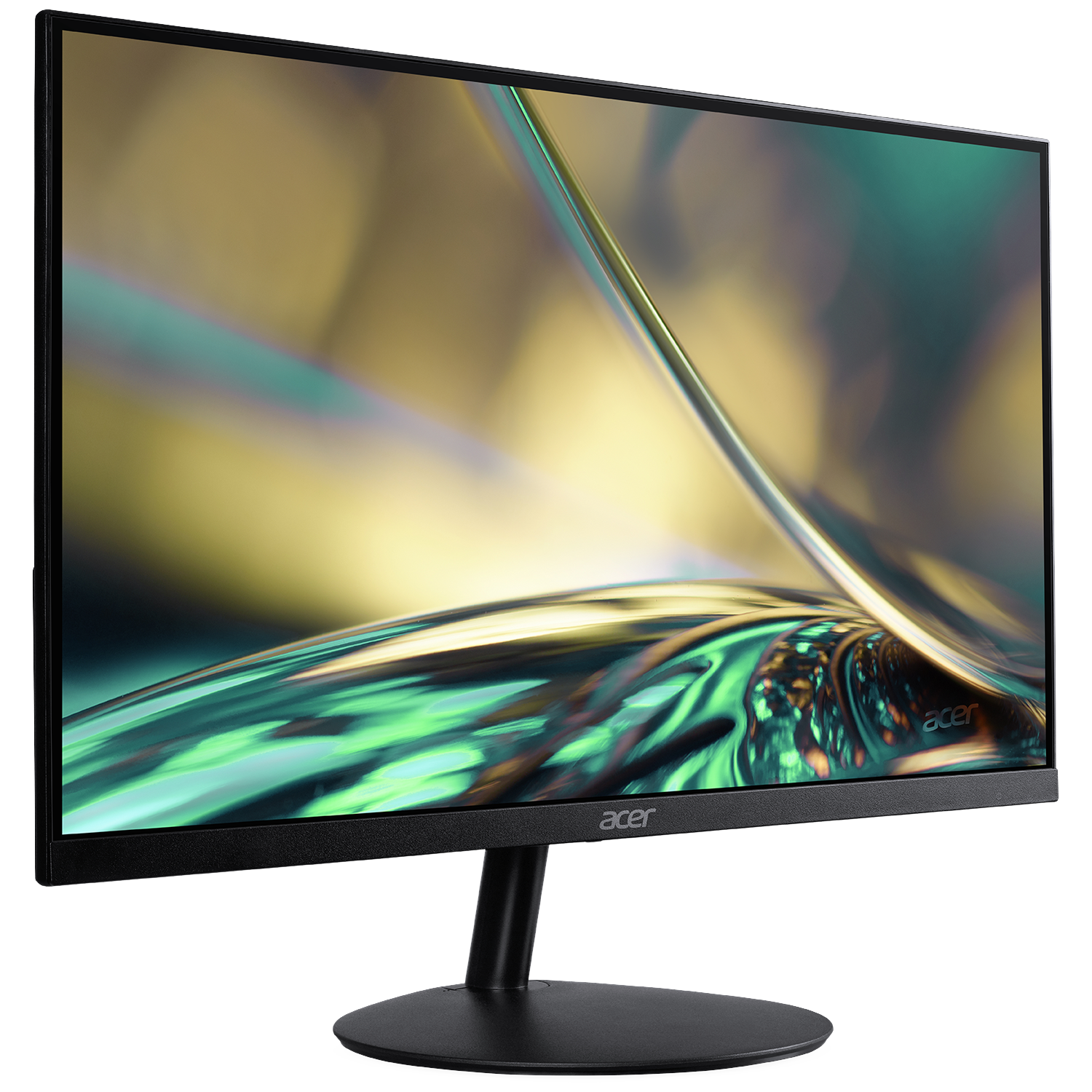 A black Acer monitor displaying an abstract yellow and green colorful background.