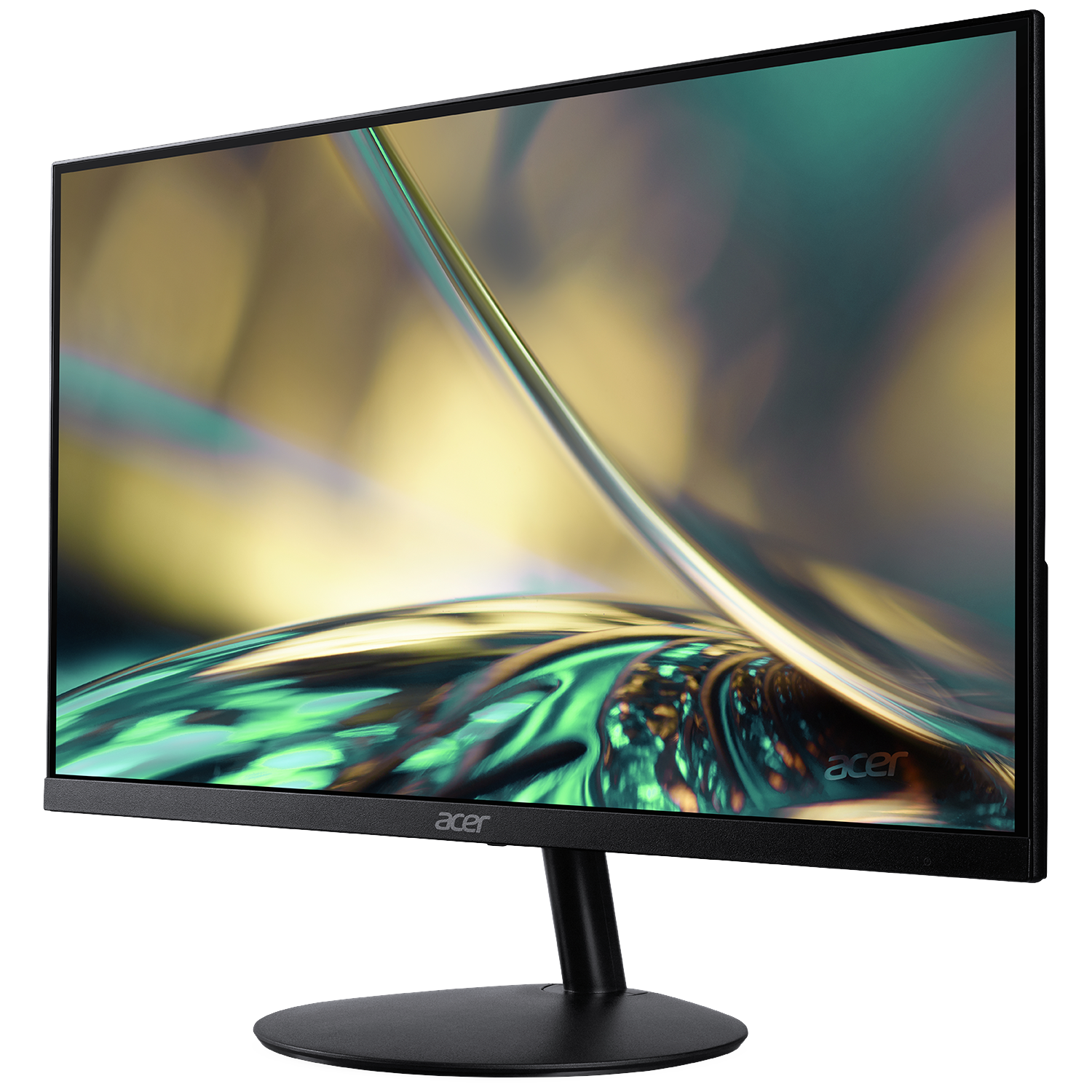 Black Acer monitor displaying an abstract, fluid background in yellow and green.