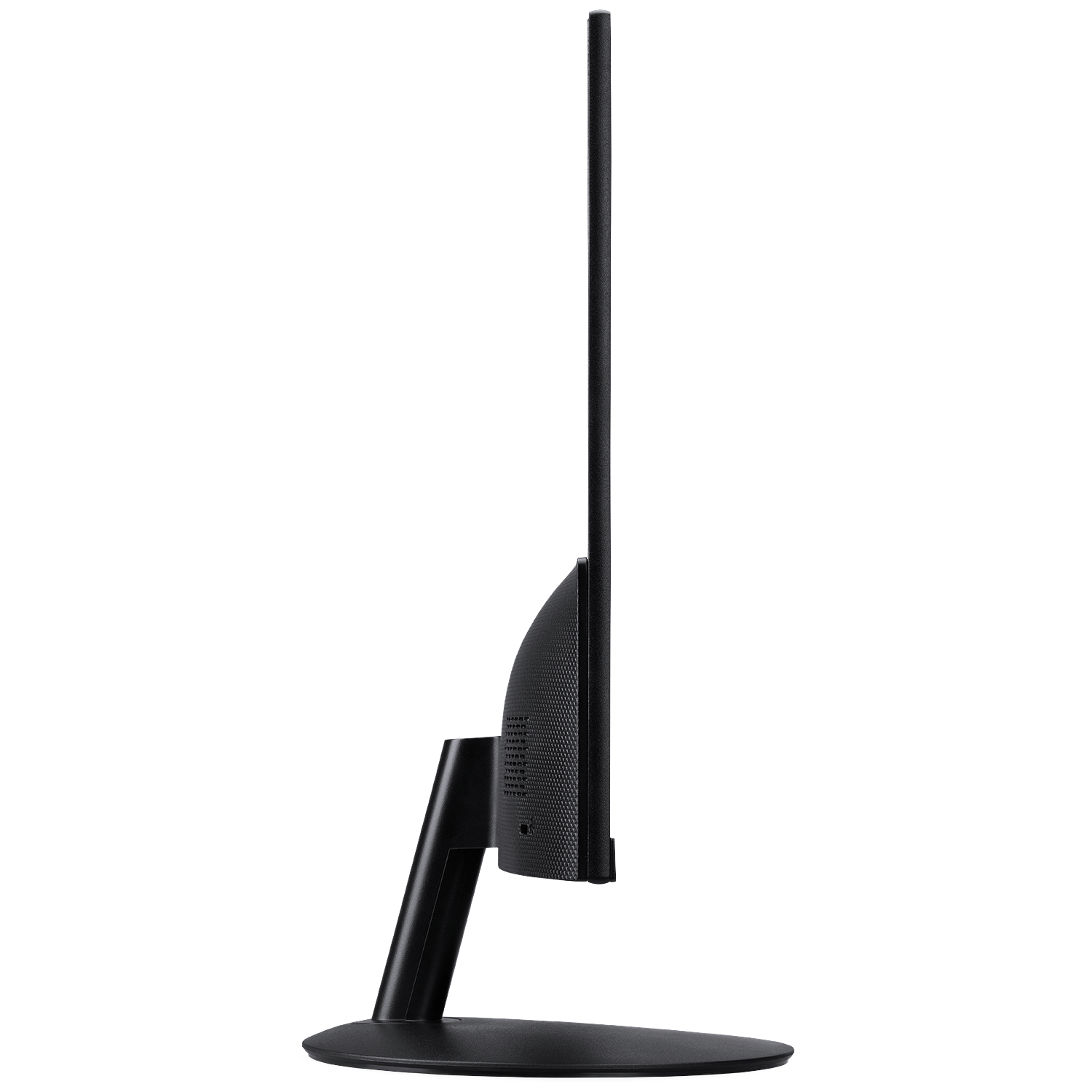 Side view of a black monitor with a thin bezel on a round stand.