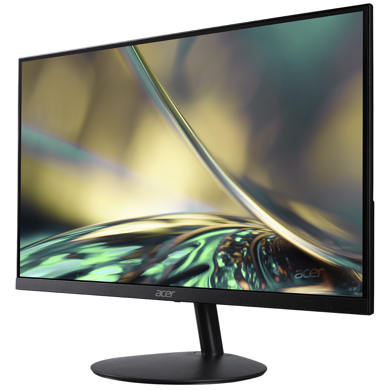 A black Acer monitor displaying a colorful, abstract background image.