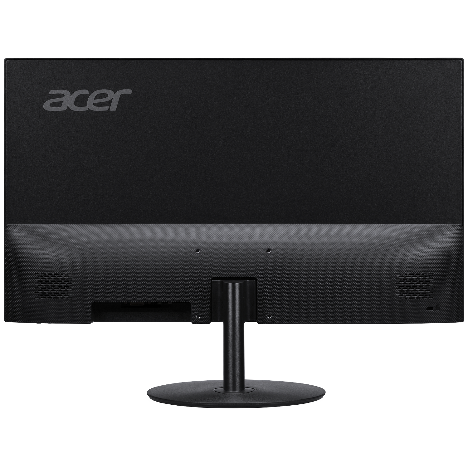 Back of a black Acer monitor with a silver logo and stand. Ports visible.