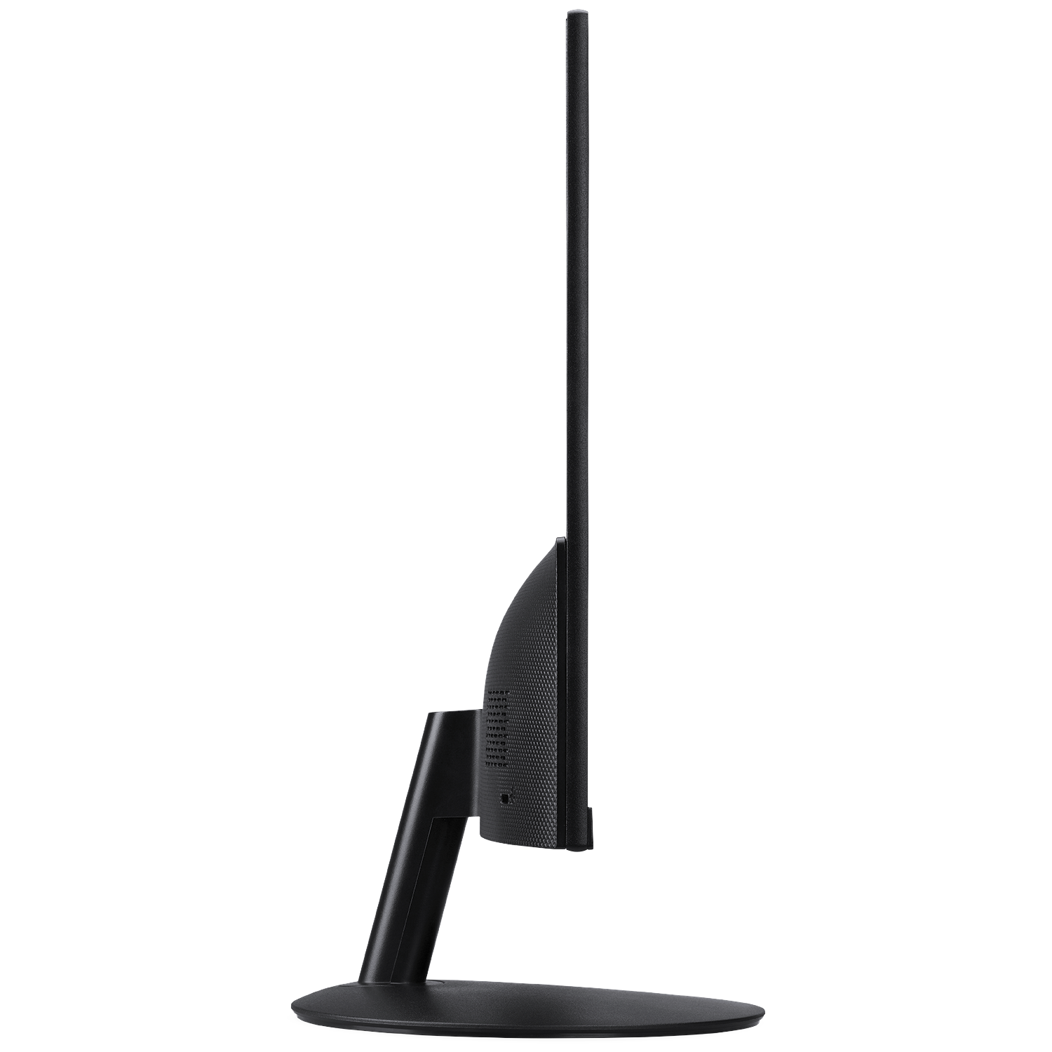 A black monitor with a stand, viewed from the side.