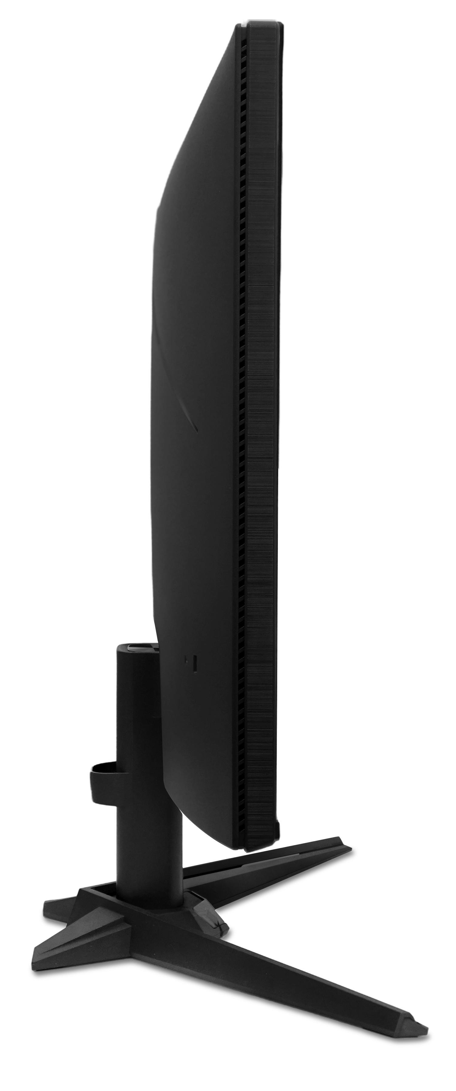 Schwarzer Computermonitor mit schmalem Rahmen und einem dreibeinigen Ständer.