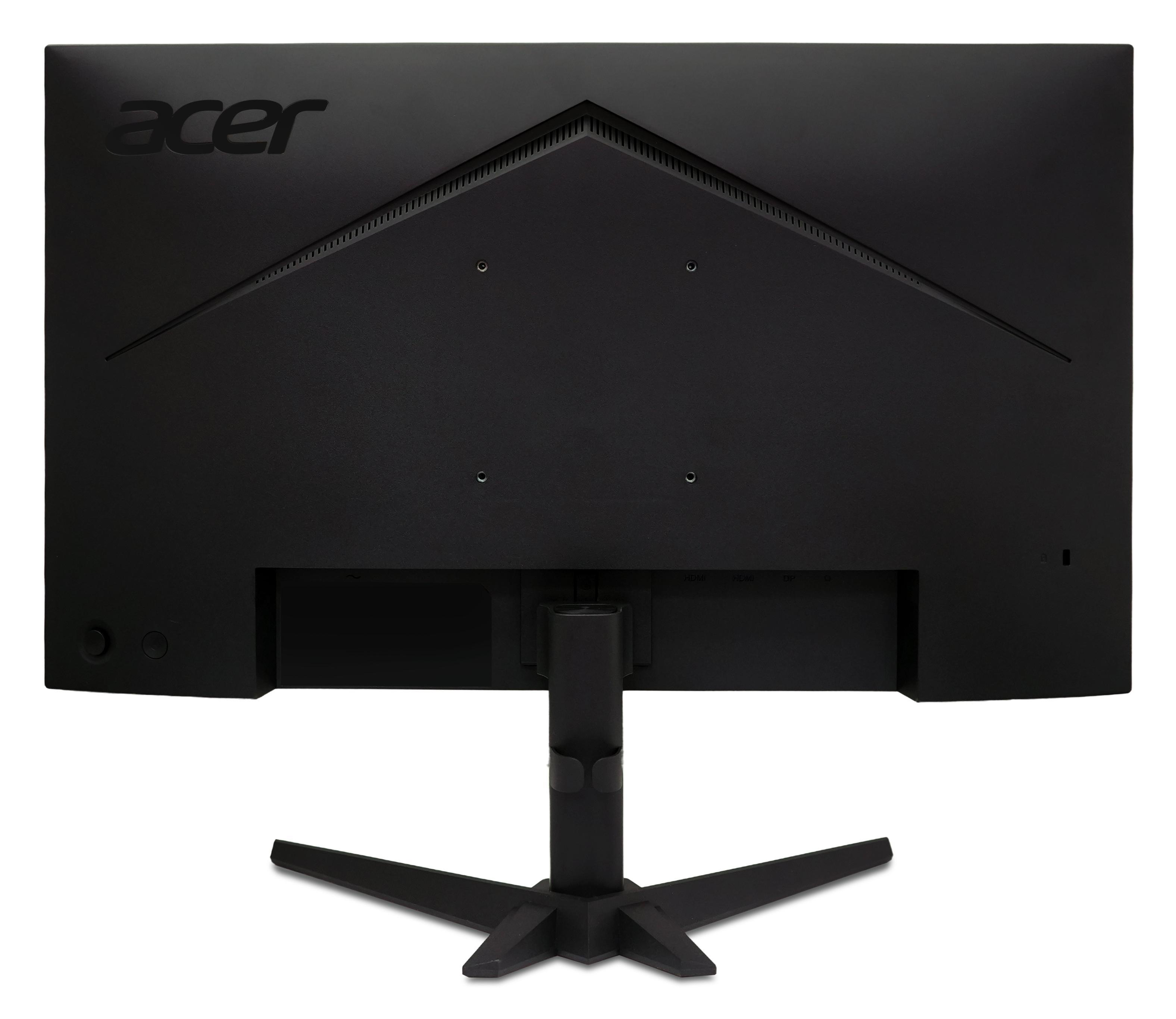 Rückseite eines schwarzen Acer Monitors mit Anschlüssen und einem Stativ.