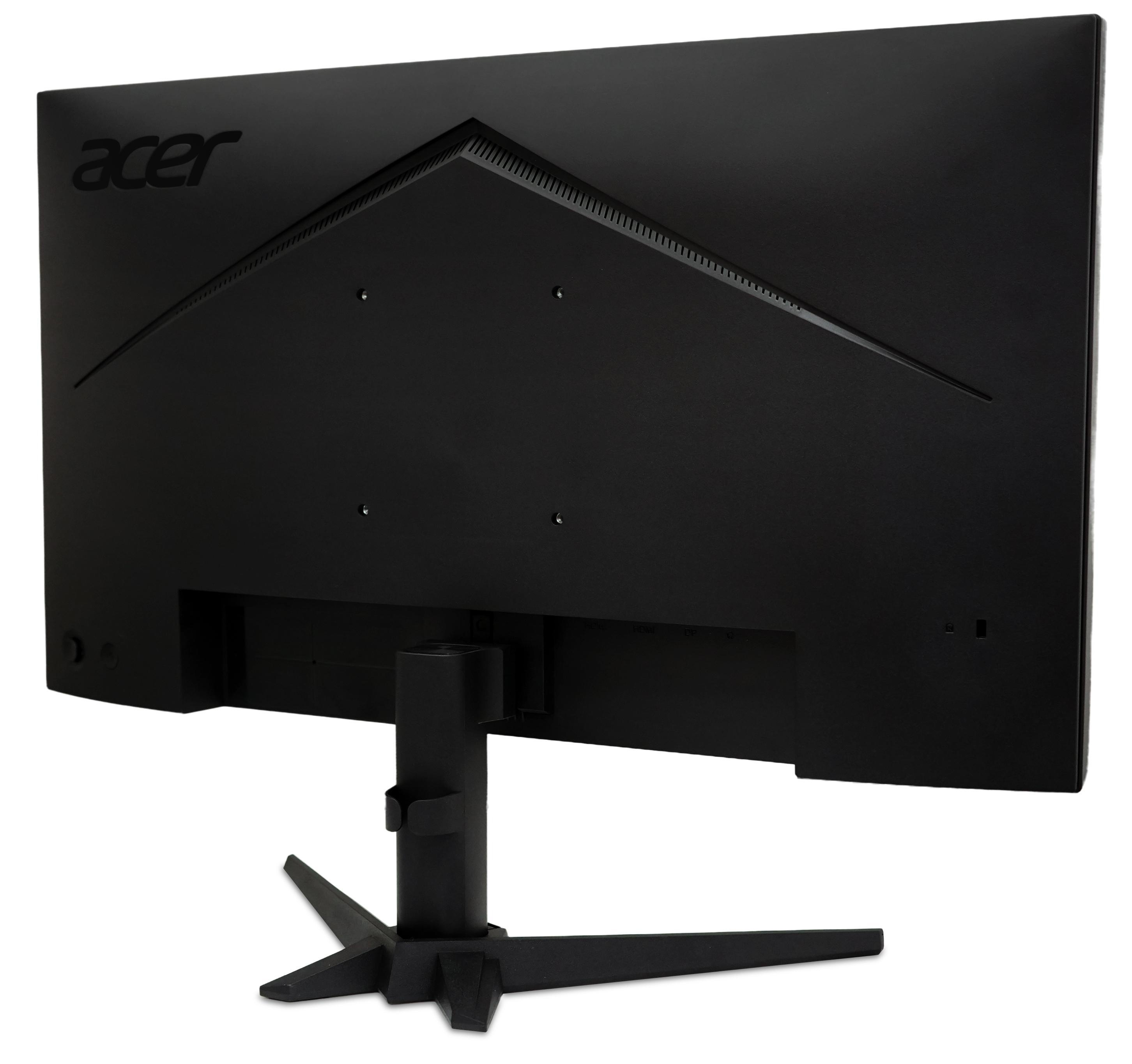 Rückseite eines schwarzen Acer Monitors mit silbernem Logo und Ständer.