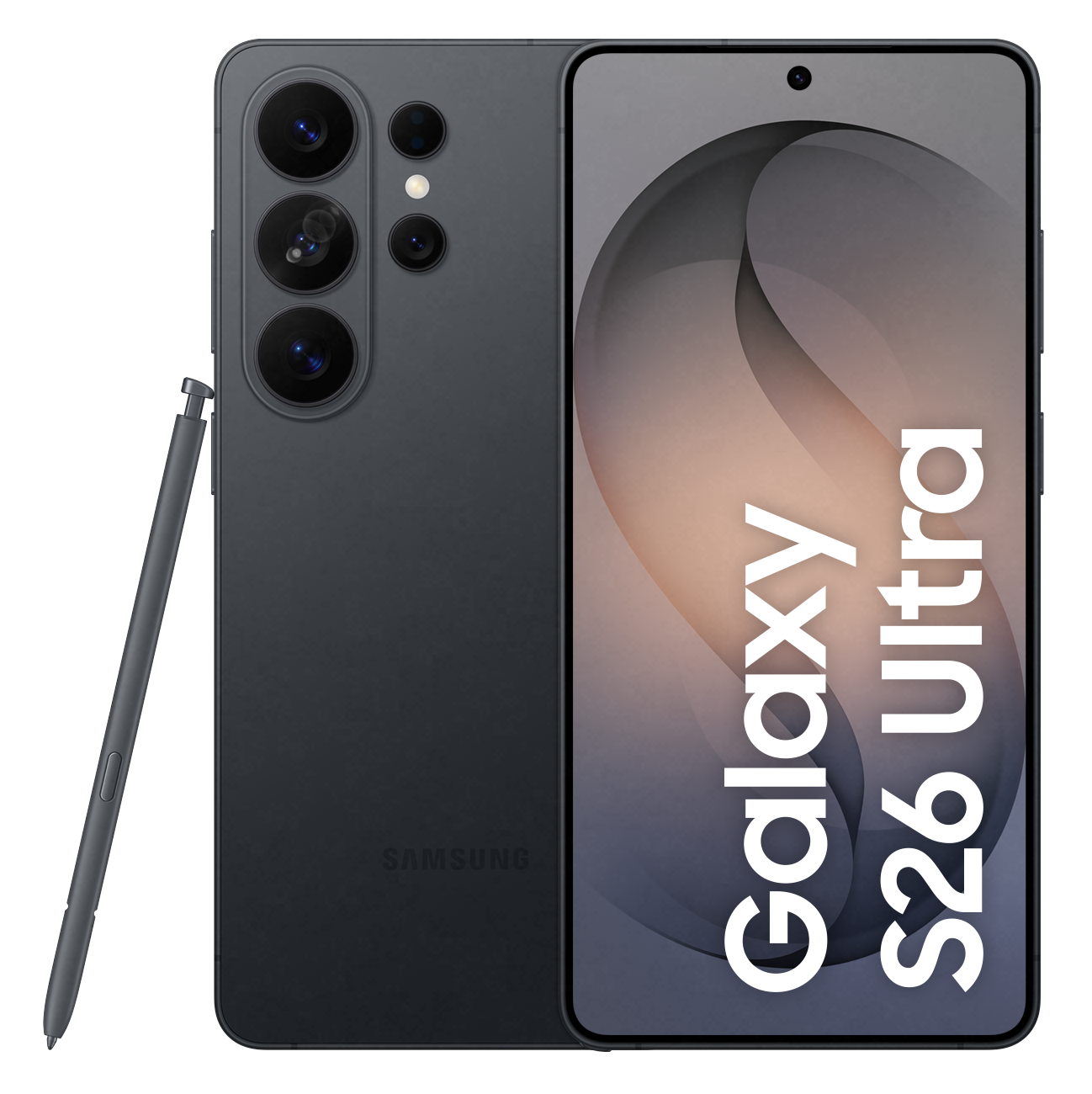 Ciemnoszary Samsung Galaxy S26 Ultra z rysikiem S Pen. Wiele aparatów z tyłu.