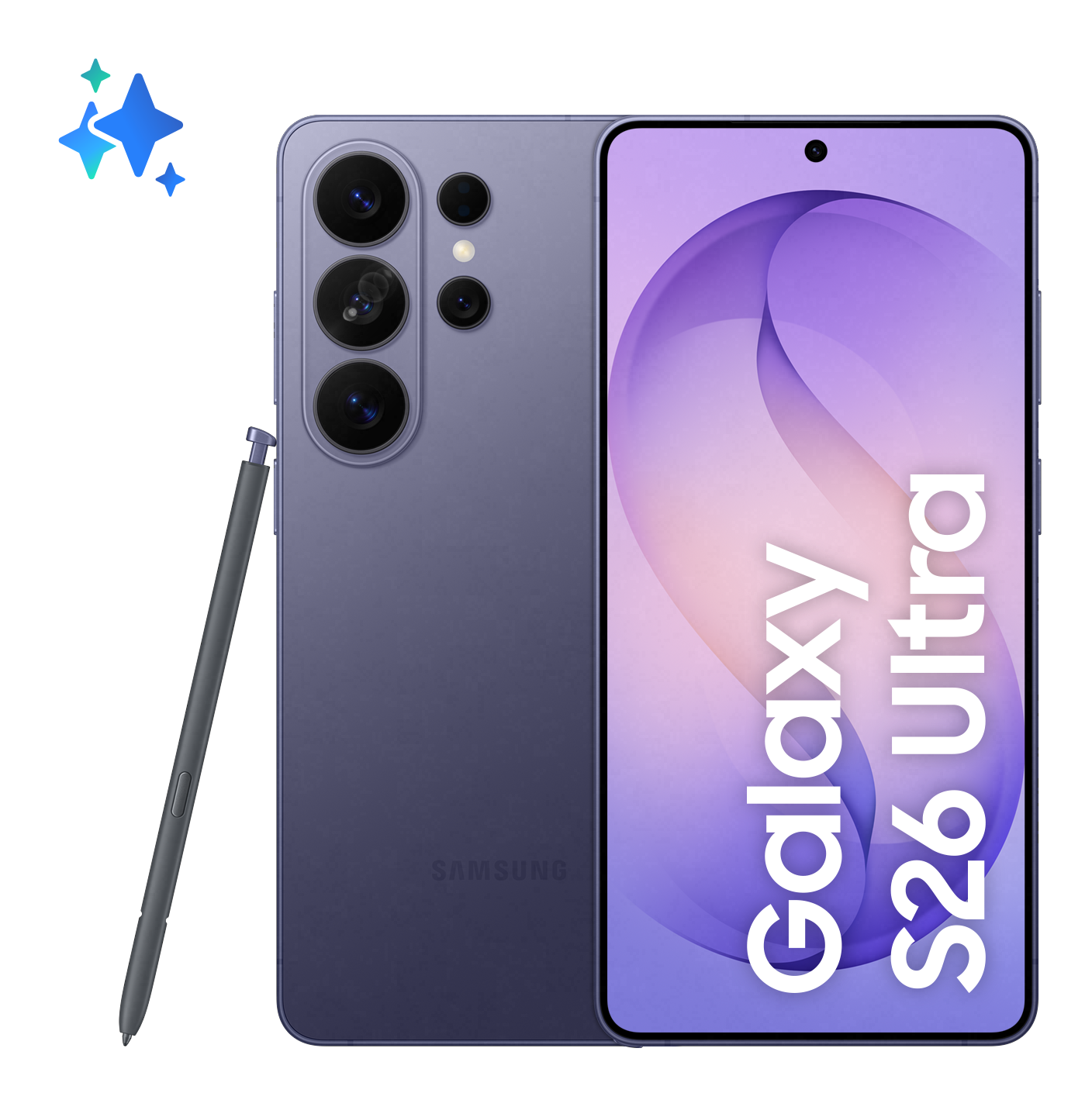 Fioletowy telefon Samsung Galaxy S26 Ultra ze stylusem i aparatem.