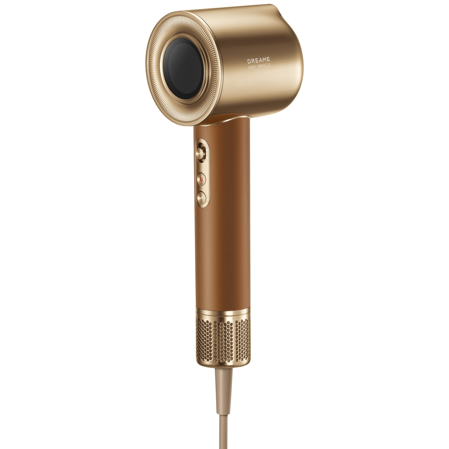 A golden hairdryer with a brown handle and control buttons.