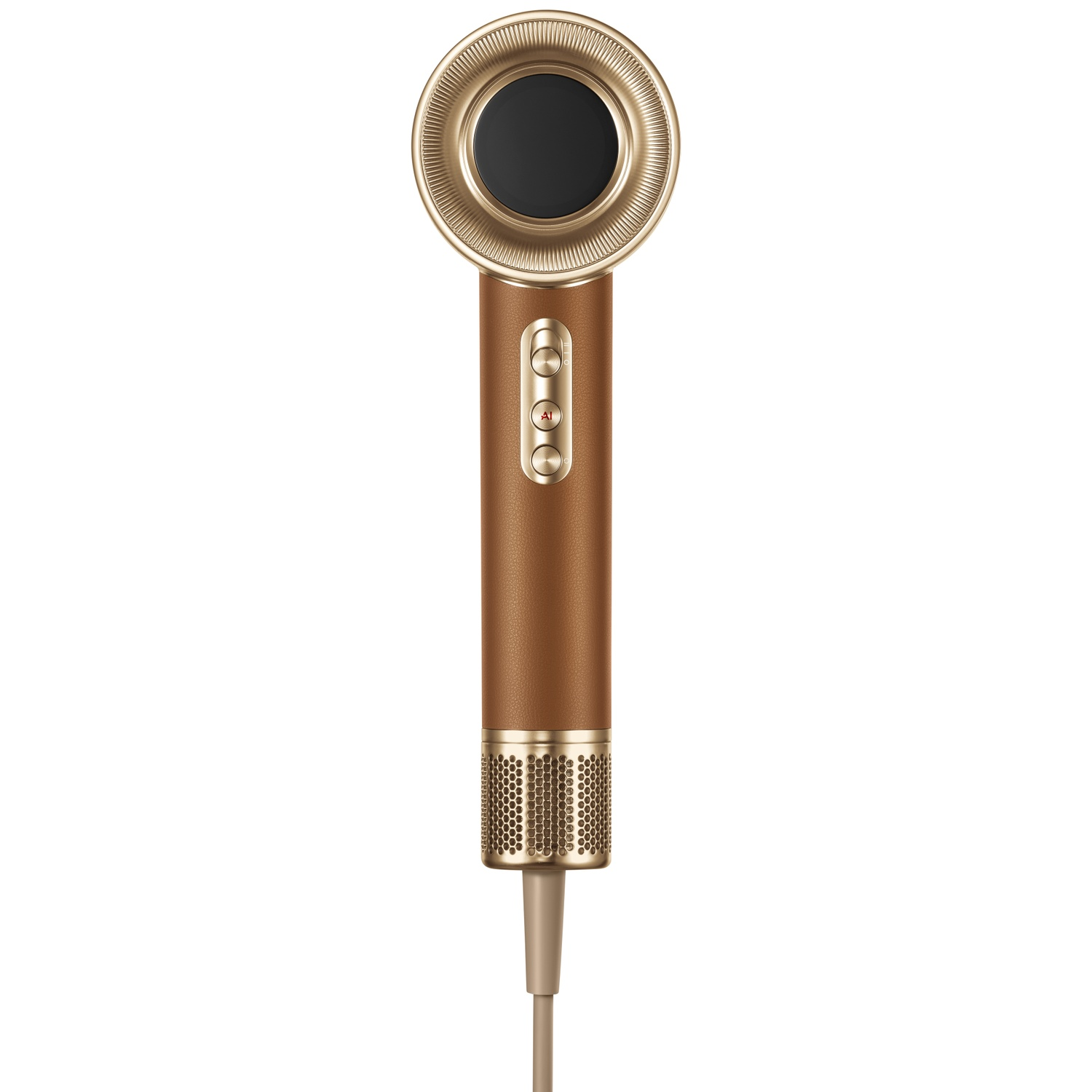 A brown and gold hair dryer with a round nozzle and three gold buttons on the handle is shown vertically.