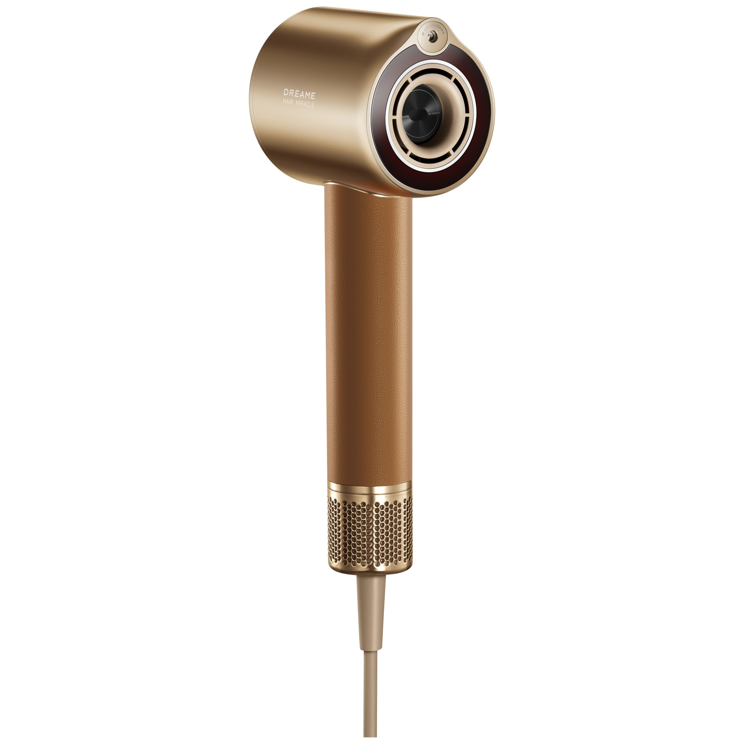 A gold and brown hairdryer with a textured handle and a detailed nozzle, against a white background.